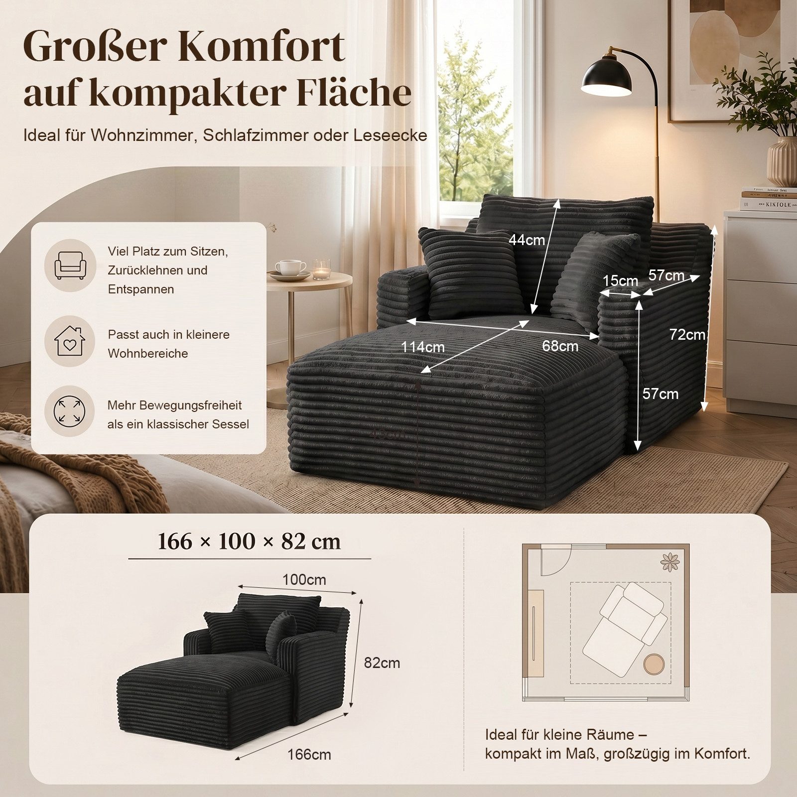 ANYSUN Loungesofa Modernes Chaiselongue-Sofa,Cord-Schlafsofa, 2 Kissen,Relaxsessel Cord, ohne Montage mit Taschenfederkern & Schaumstoffpolsterung,Loungesofa, Lesesessel bequem, fur Wohnzimmer, Büro & Wohnung,Apartment