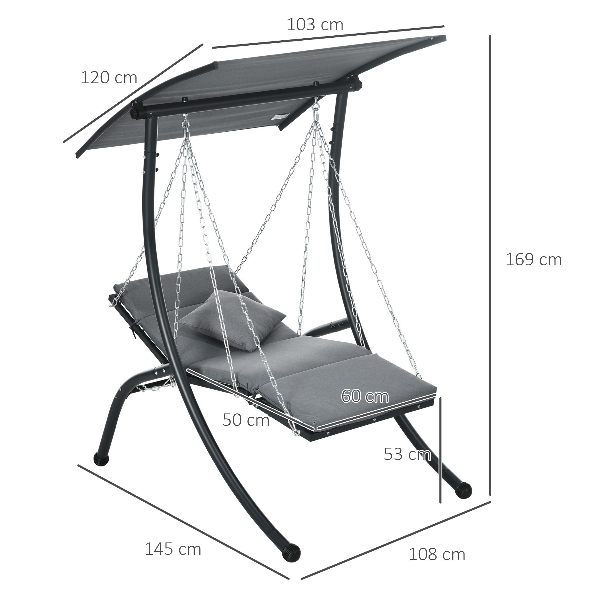 Outsunny Hollywoodschaukel Hängeliege mit Verstellbarem Sonnendach, 1-Sitzer, Bettfunktion, Hollywoodschaukel, 1 tlg., Gartenschaukel, für Garten, Dunkelgrau