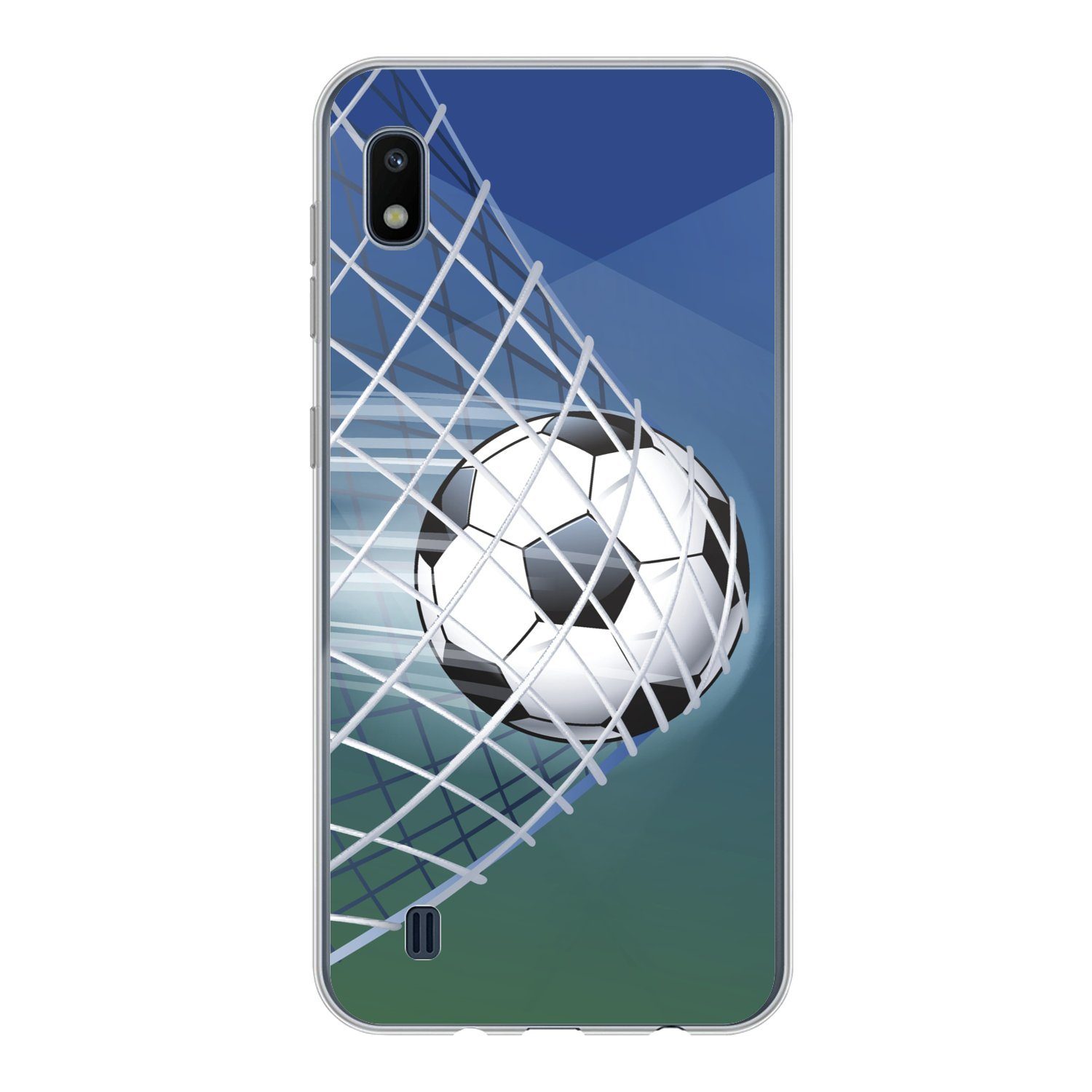 MuchoWow Handyhülle für Samsung Galaxy A10 Eine Illustration eines Fußballs im Netz - Jung, Smartphone-Bumper, Print, Handy Schutzhülle Dünn