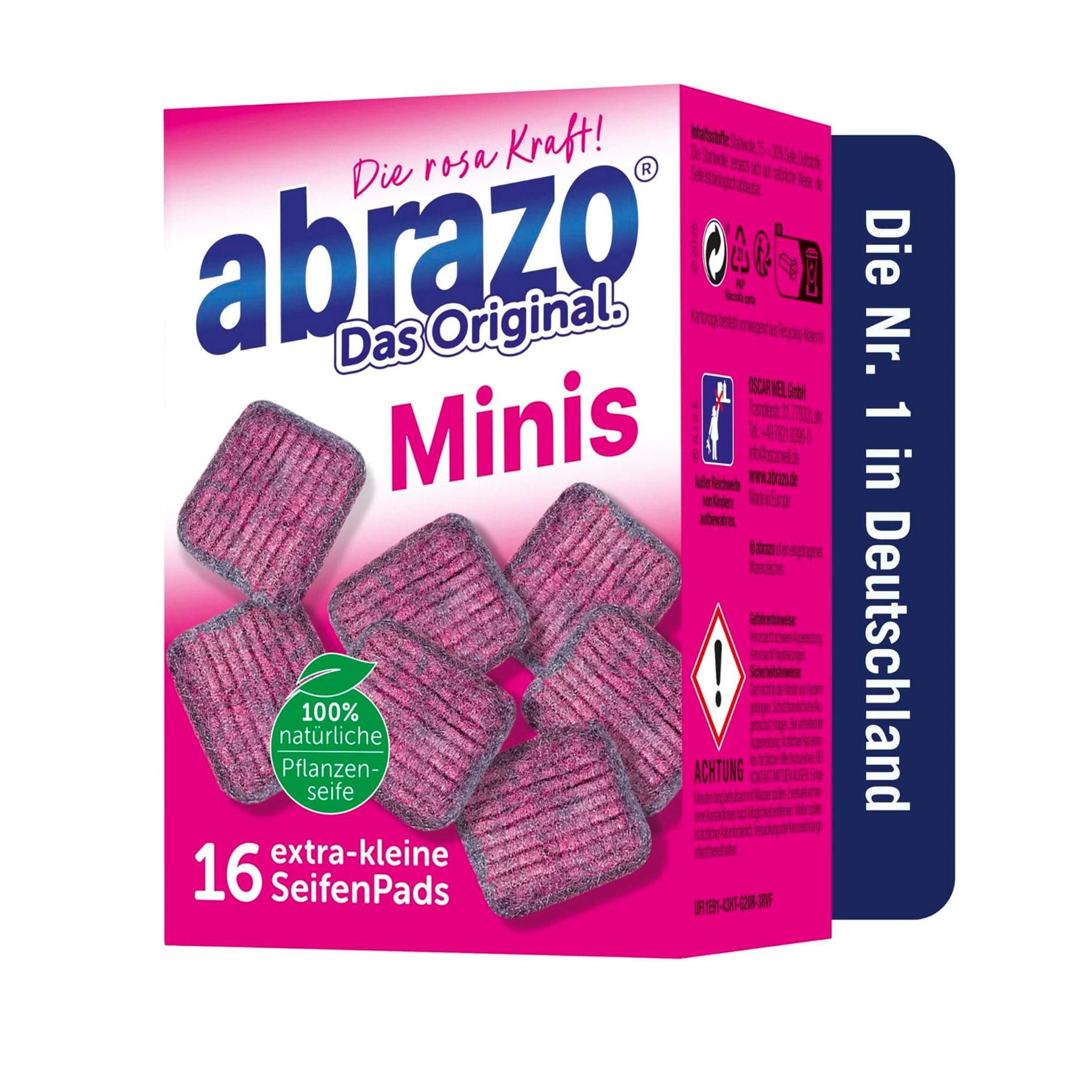 abrazo Reinigungsschwamm 1x abrazo Minis - 16 Reinigungskissen für Töpfe, Grill, Backofen, handlicher Spülschwamm mit Veganer Pflanzenseife