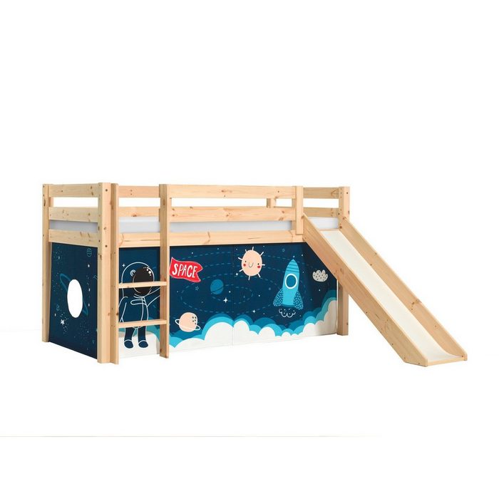 Natur24 Kinderbett Halbhohes Bett Pino Rakete mit Rutsche und Textilset Kiefer Natur lackiert