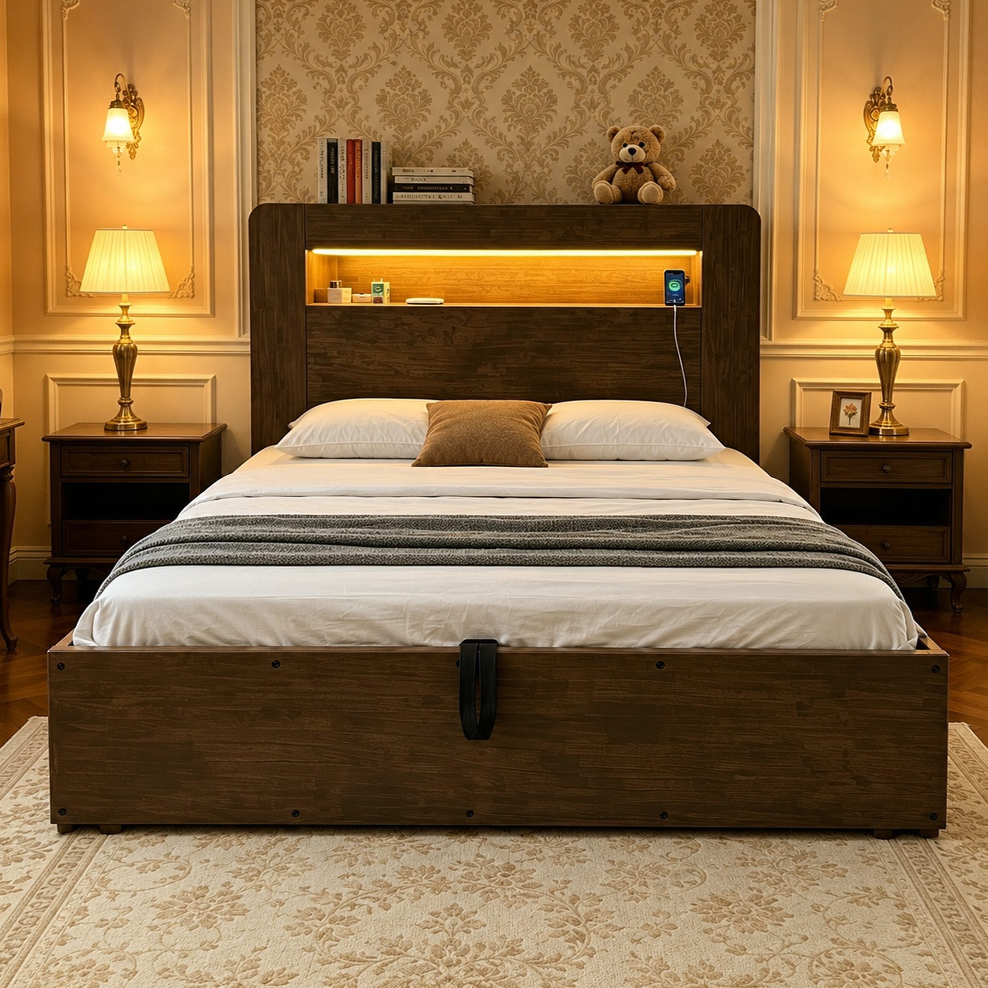 STILVORA Bettgestell 140×200 mit Bettkasten in Vintage-Holz Jugendbett Plattformbett (LED-Beleuchtung, Steckdosen, Stauraum, Holz, Vintage-Holzoptik, Plattformbett, bequem, mit Kopfteilablage), für Schlafzimmer, Jugendzimmer, Gästezimmer, kleine Räume