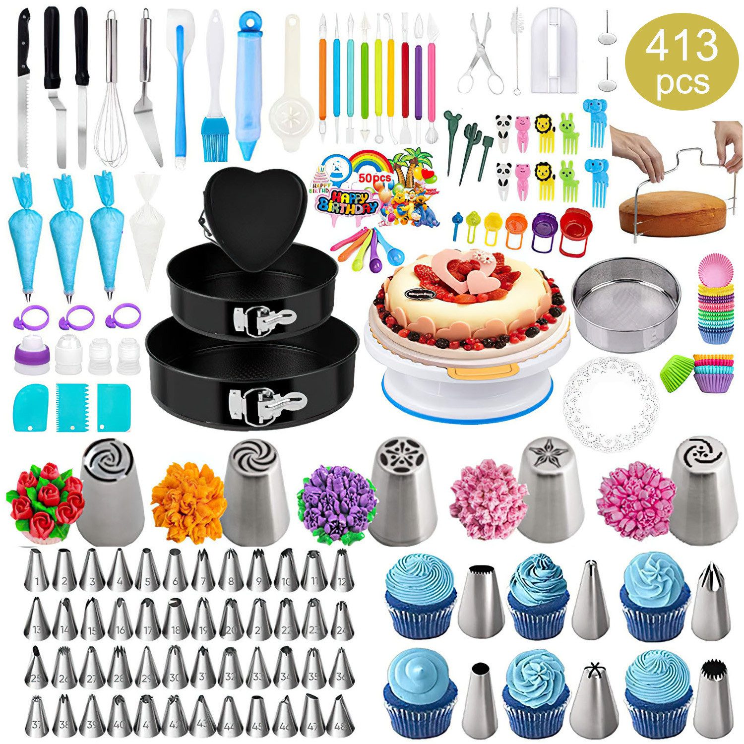 SURFOU Spritzbeutel 413-teiliges Torten Dekorationsset Kuchen Dekorieren Zubehör Backset mit Springform KuchenformenTortenplatte Drehbar