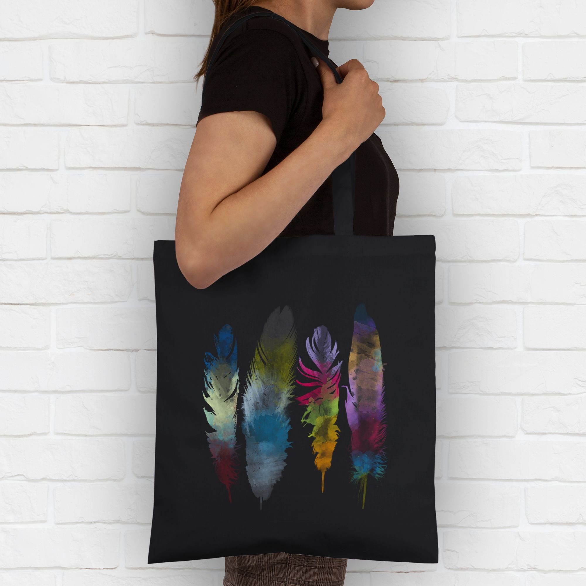 Schwarz Feathers, Federn Watercolor Wasserfarbe 2 Kunst Umhängetasche Shirtracer