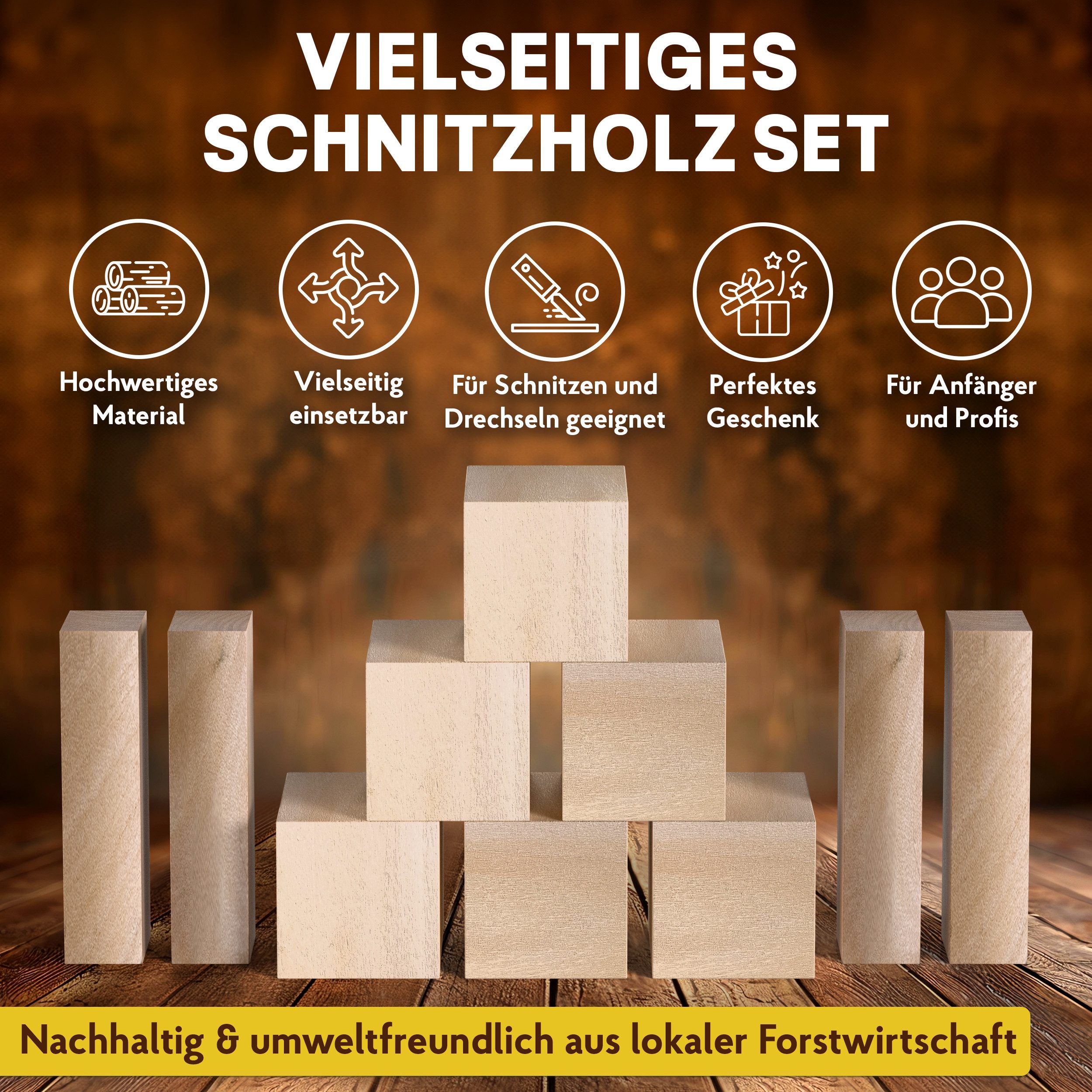 Eli Kantholz Schnitzholz Linde - weiches Lindenholz zum Schnitzen oder drechseln, (Schnitzset Holz Rohlinge - Bastelset - Holzblock), Schnitzvorlage - Holz für Erwachsene und Kinder