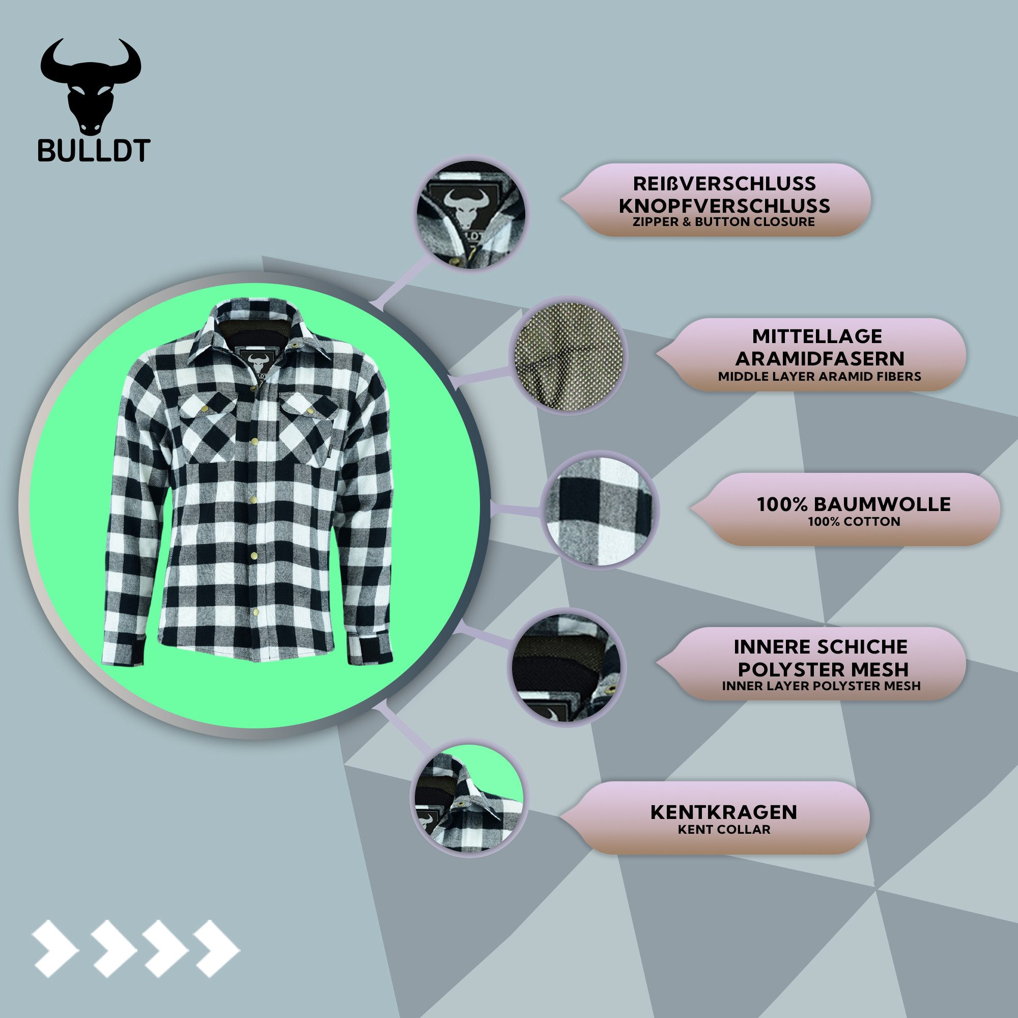 BULLDT Motorradjacke BLD1201 (mit 4 CE-Protektoren) BULLDT Herren Motorradhemd Holzfäller-Look Hemd