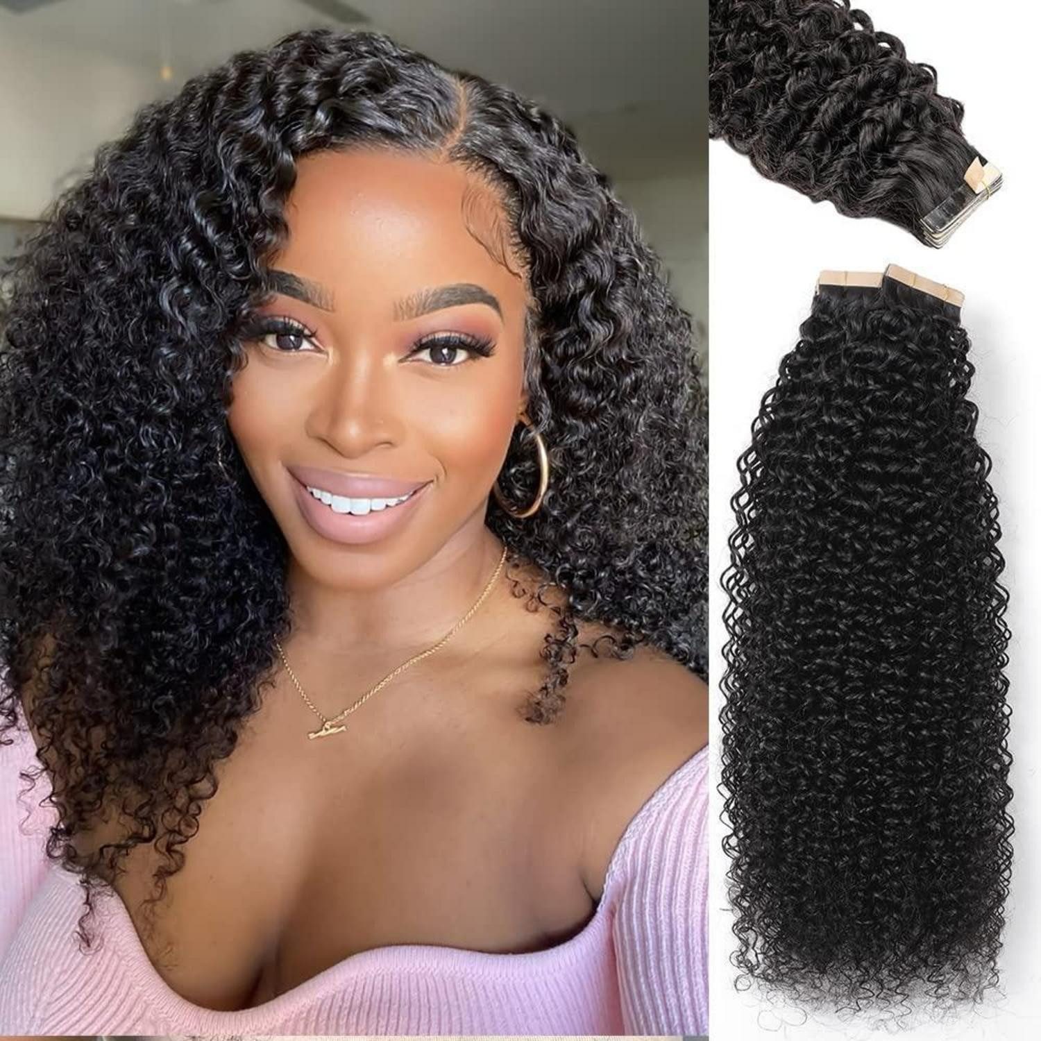 LuxusKollektion Echthaar-Extension Tape Extensions Echthaar Kinky Curly 1B# 18zoll-45.7cm(40er Pack)