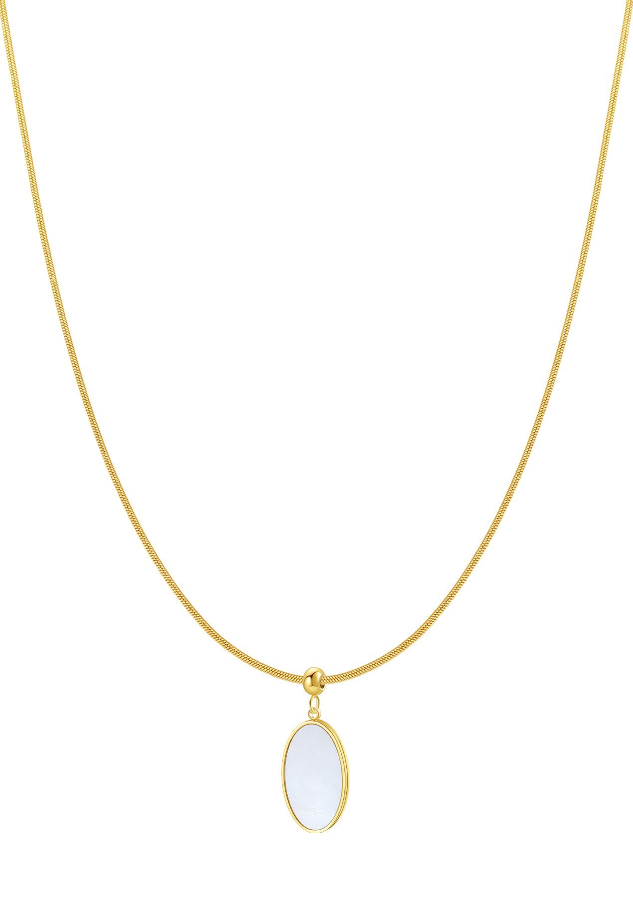 Lange Kette Edelstahl Damen, Perlmutt Platte oval hängend