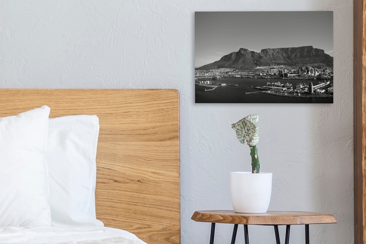 schwarz (1 30x20 Kapstadt im St), Wandbild Aufhängefertig, OneMillionCanvasses® dem Wanddeko, Hintergrund und Tafelberg Leinwandbild weiß, Leinwandbilder, cm mit -