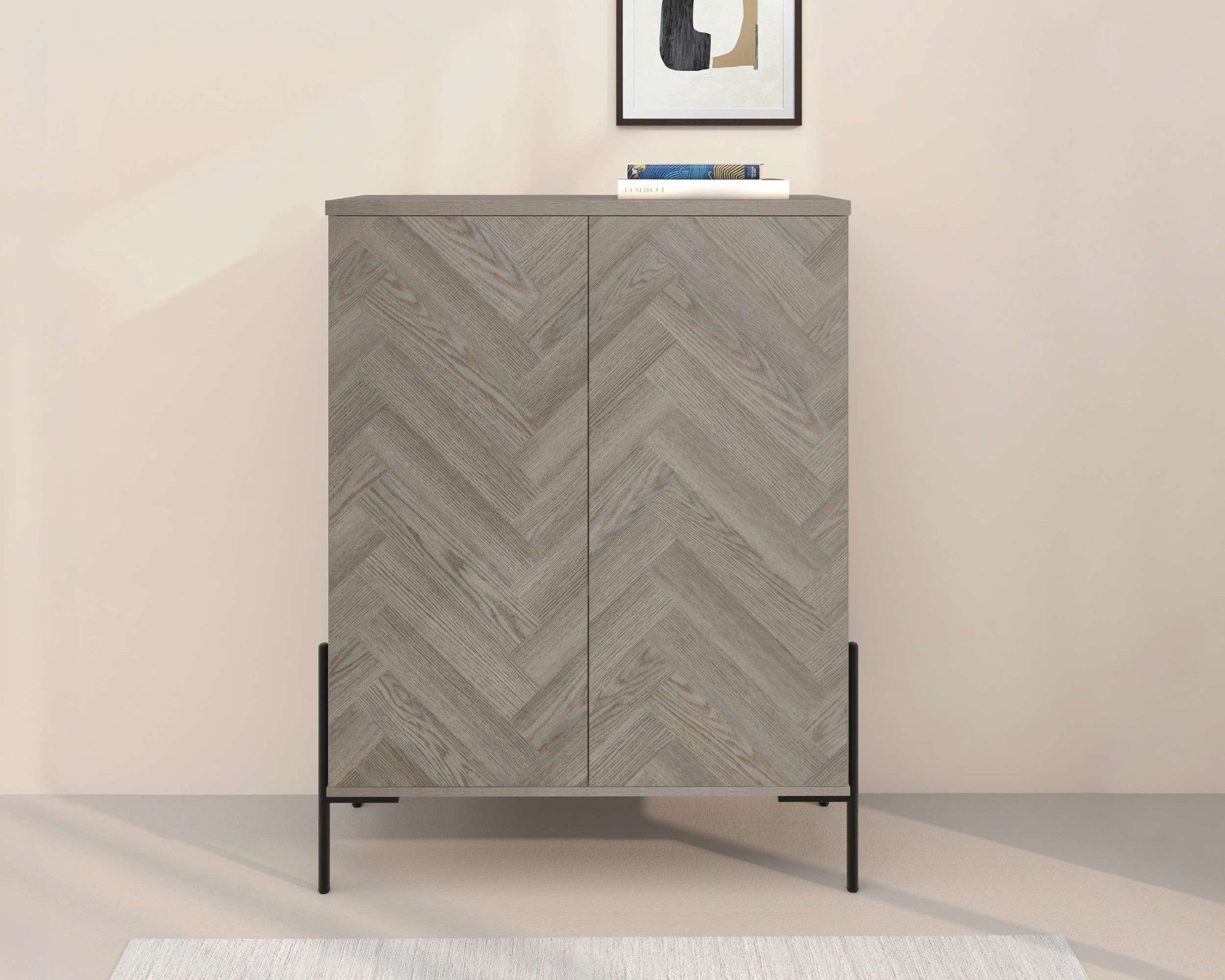 OTTO home Highboard Eadwine, Kommode, Midischrank, Push-to-open, Türen mit Fischgräten Muster