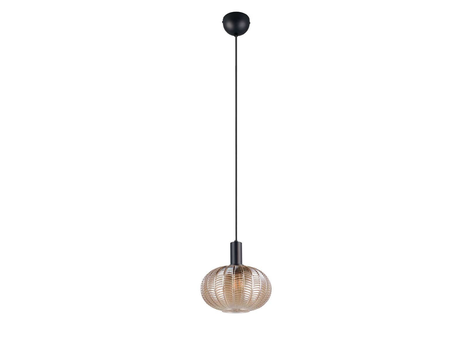 Reality Leuchten LED Pendelleuchte Rillenglas Lampenschirm Amber Ø 26cm, Leuchtmittel dimmbar, LED wechselbar, Warmweiß, Retro Hängelampe einflammig, 70er Style Kugel-Lampe hängend