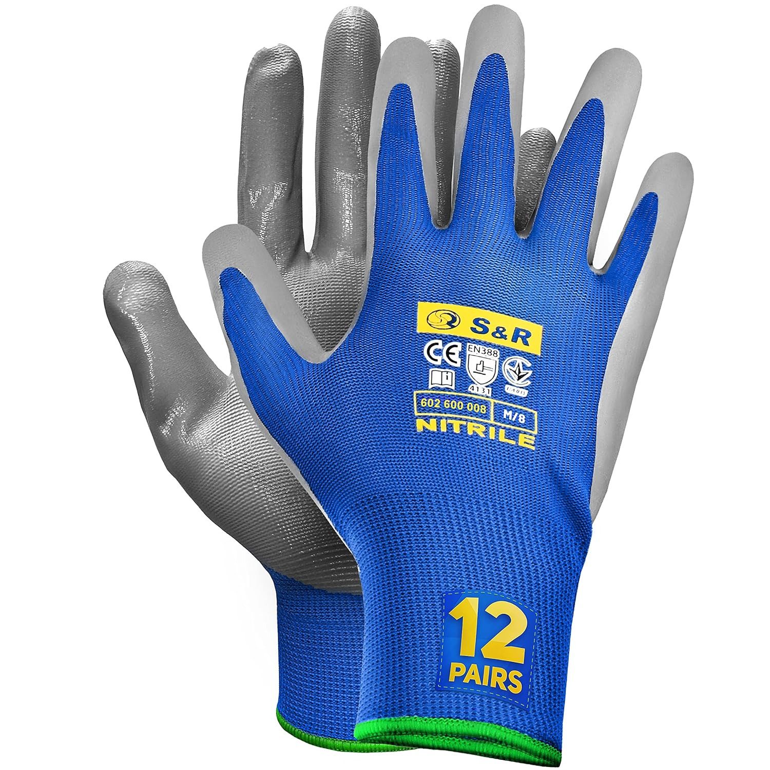 S&R Arbeitshandschuhe Schutzhandschuhe mit Nitrilbeschichtung in M/8, Anti-Rutsch (Set, 12-St., 12 Paar in M/8) Arbeitshandschuhe für Montage, Bauen, Restauration