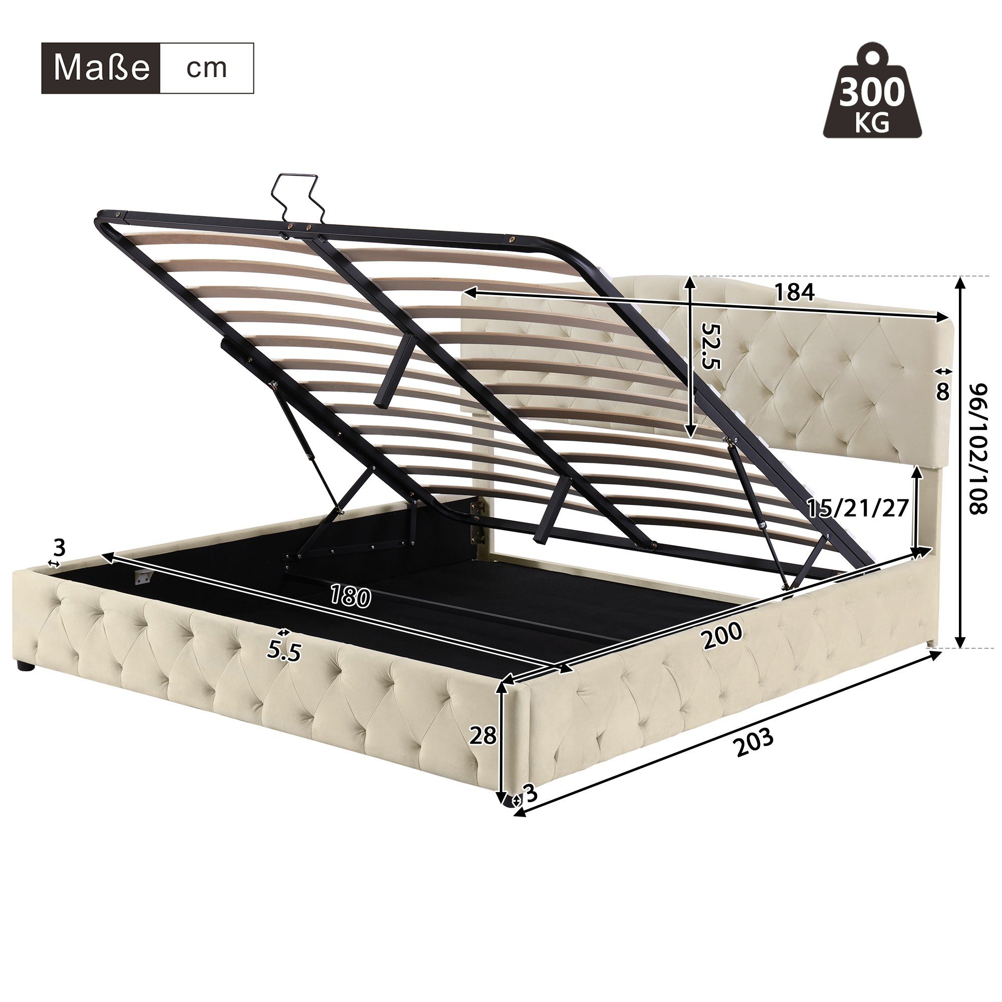 Flieks Polsterbett, Hydraulisches Doppelbett Holzbett Samt 180x200cm beige günstig online kaufen
