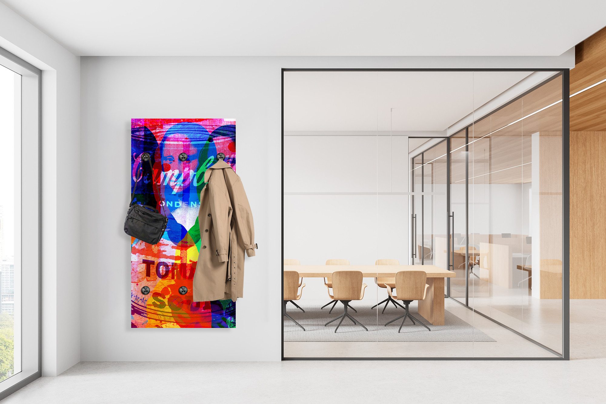queence Wandgarderobe Mona Lisa Abstrakt Collage (1 St), Wandpaneel aus Acrylglas inkl. 6 Edelstahlhaken in schwarz matt