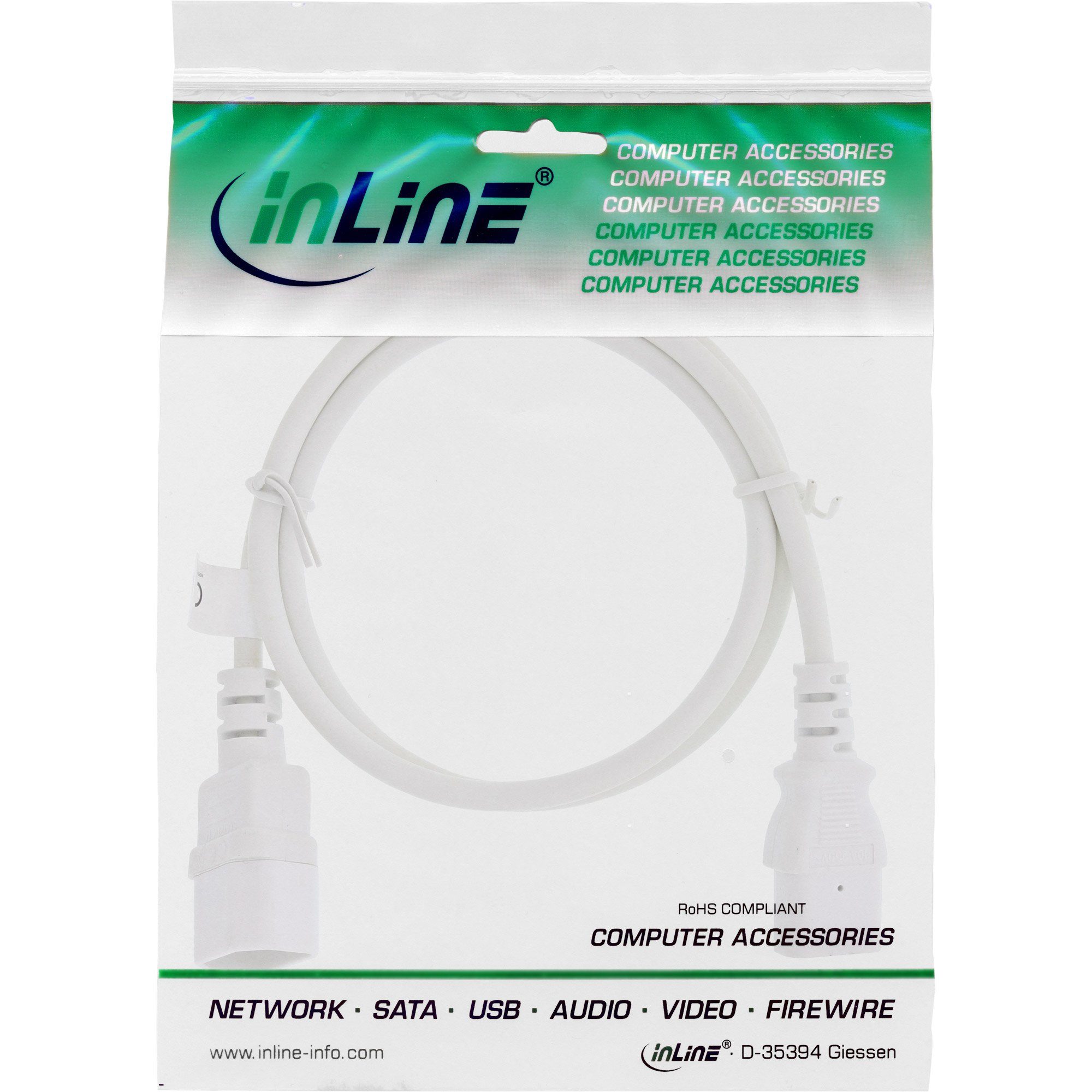 INTOS ELECTRONIC AG InLine® weiß, auf Kaltgeräteverlängerung, 0,75m C13 C14, Stromkabel