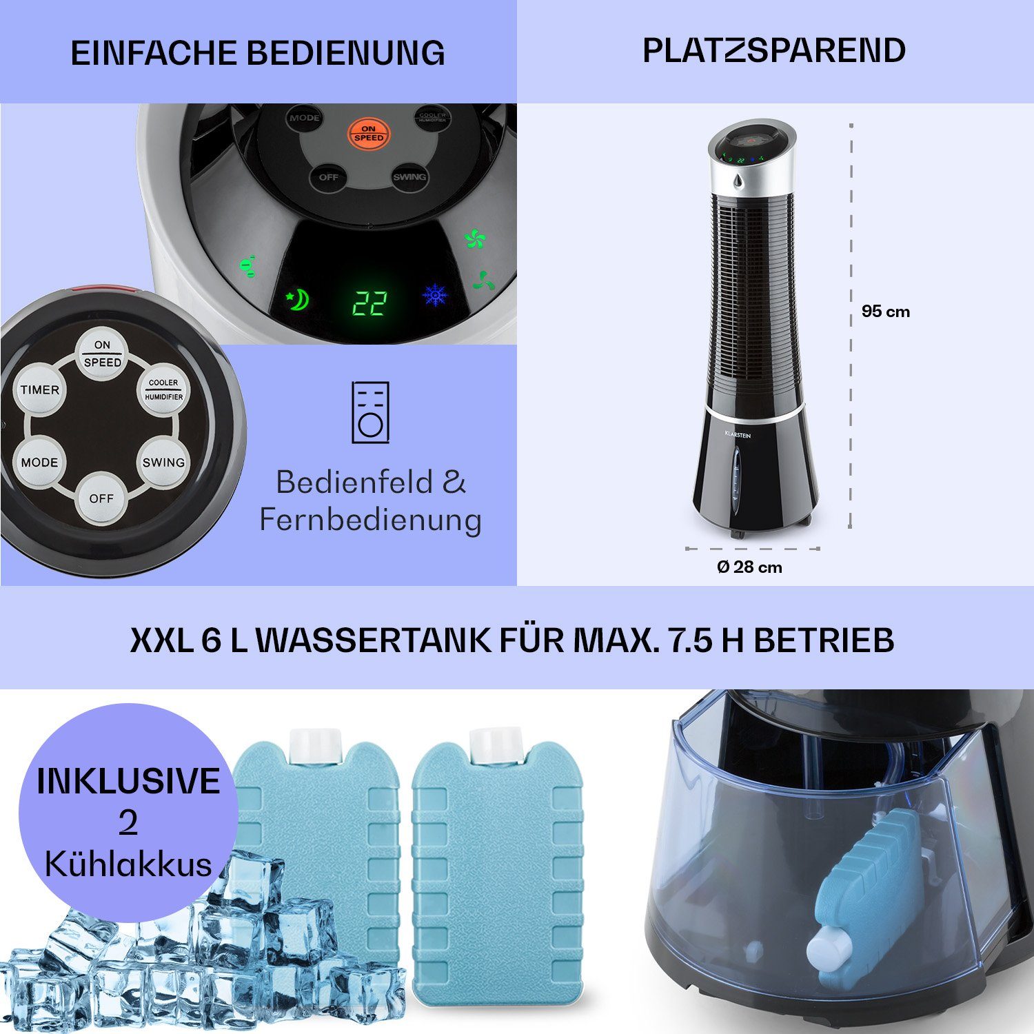 mit Klimagerät Ice ohne 4-in-1 Eis Schwarz Skyscraper Klarstein & mobil / Abluftschlauch Luftkühler, Wasserkühlung Ventilatorkombigerät Silber-Metallic