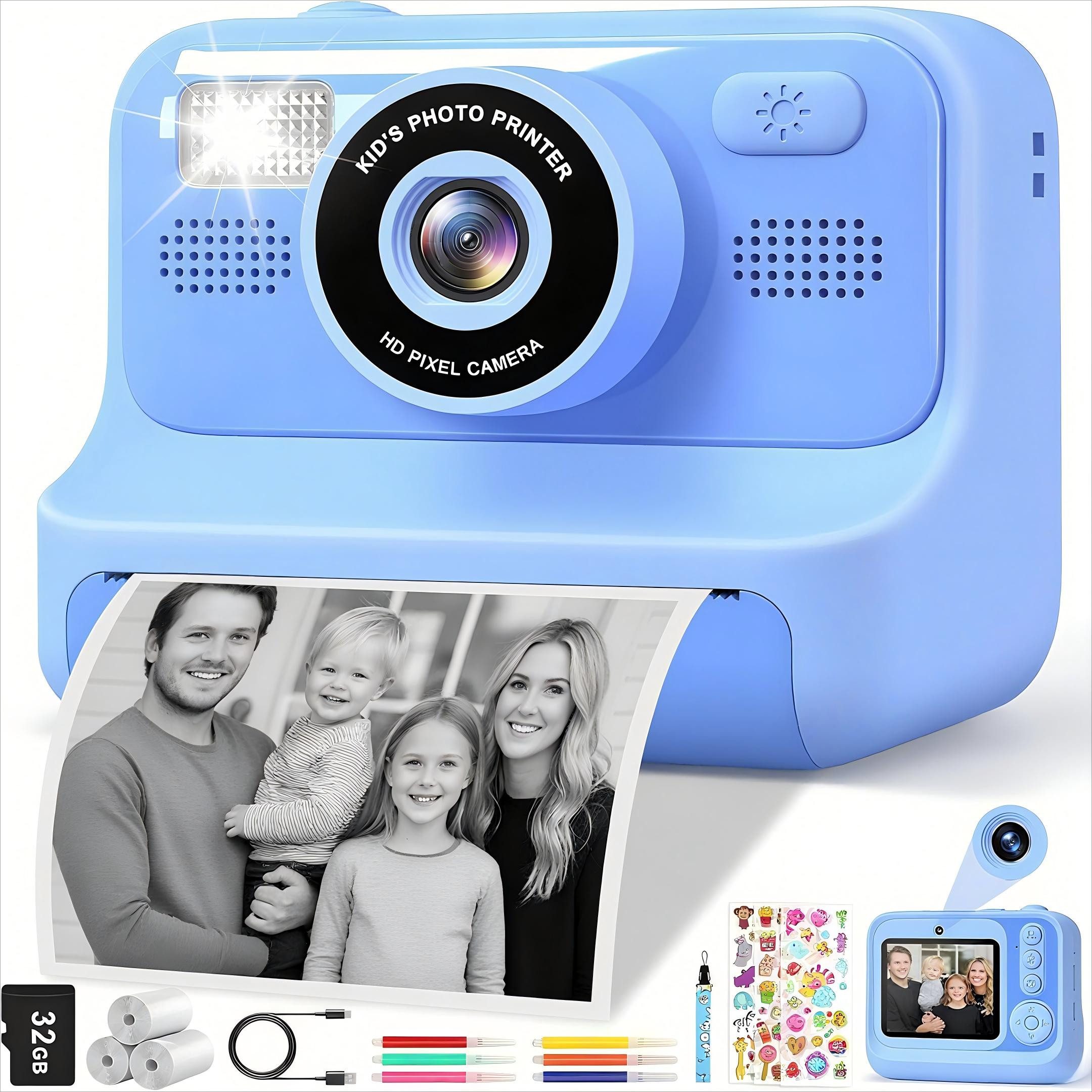 POPOLIC 1080P Kinderkamera - Selfie Digitalkamera Kinder mit 32GB Sofortbildkamera (inkl. Blau, Geburtstagsgeschenk Spielzeug ab 3-11 Jahre Mädchen Jungen)