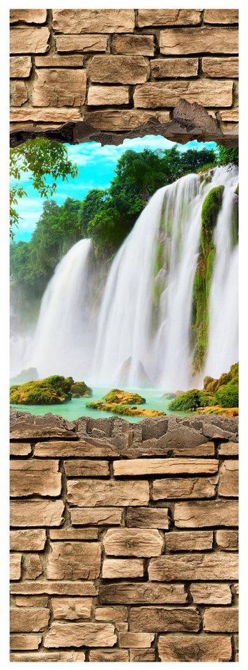 wandmotiv24 Türtapete 3D Wasserfall - Steinmauer, glatt, Fototapete,  Wandtapete, Motivtapete, matt, selbstklebende Dekorfolie