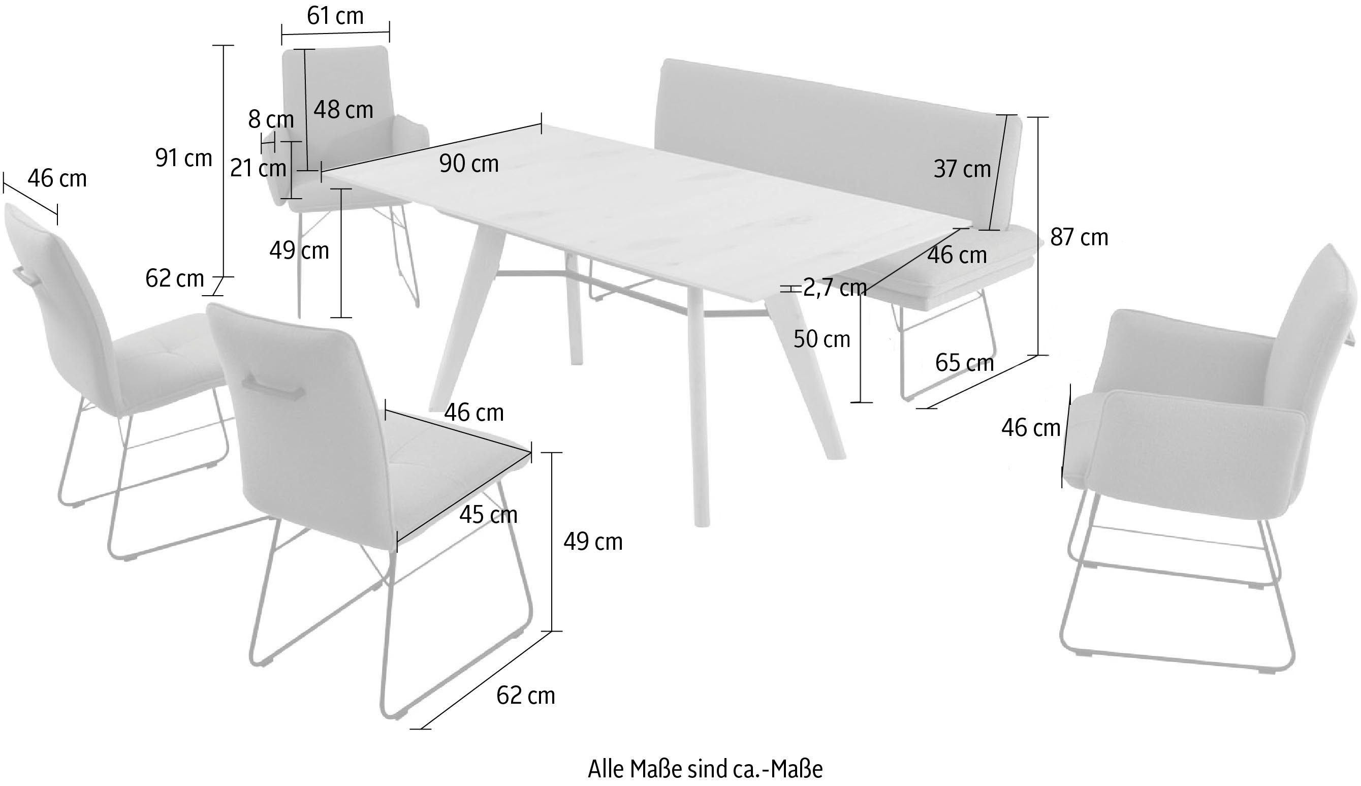 K+W Komfort & Wohnen Essgruppe Armlehnenstühle Polsterbank 1 2 und Giacomo IV, Tisch (6-tlg), Kufenstühle, Größen, 2 2 in stahl