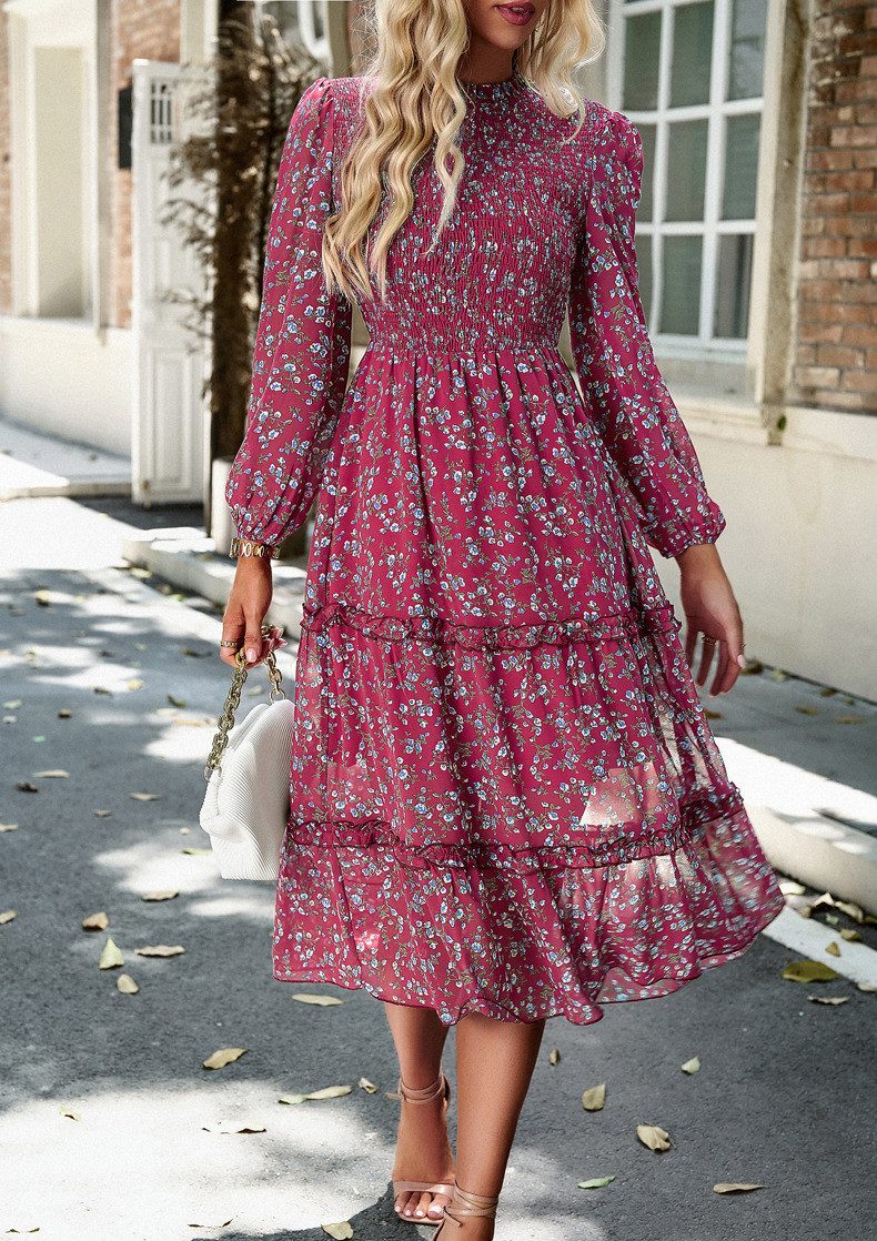 DEBAIJIA Dirndl Langärmeliges Kleid Damen Blumenmuster Rundhalsausschnitt Freizeit