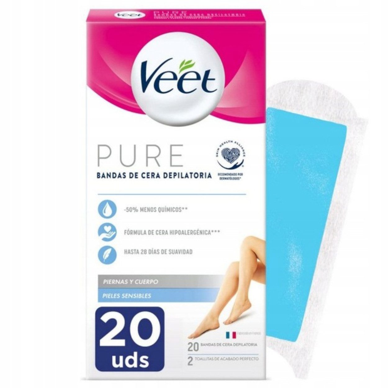 Veet Kaltwachsstreifen Veet PURE Enthaarungsstreifen für empfindliche Haut 20 Stück, Enthaarungsstreifen, 20 Enthaarungsstreifen und 2 Pflegetücher, für schnelle und unkomplizierte Haarentfernung zu Hause