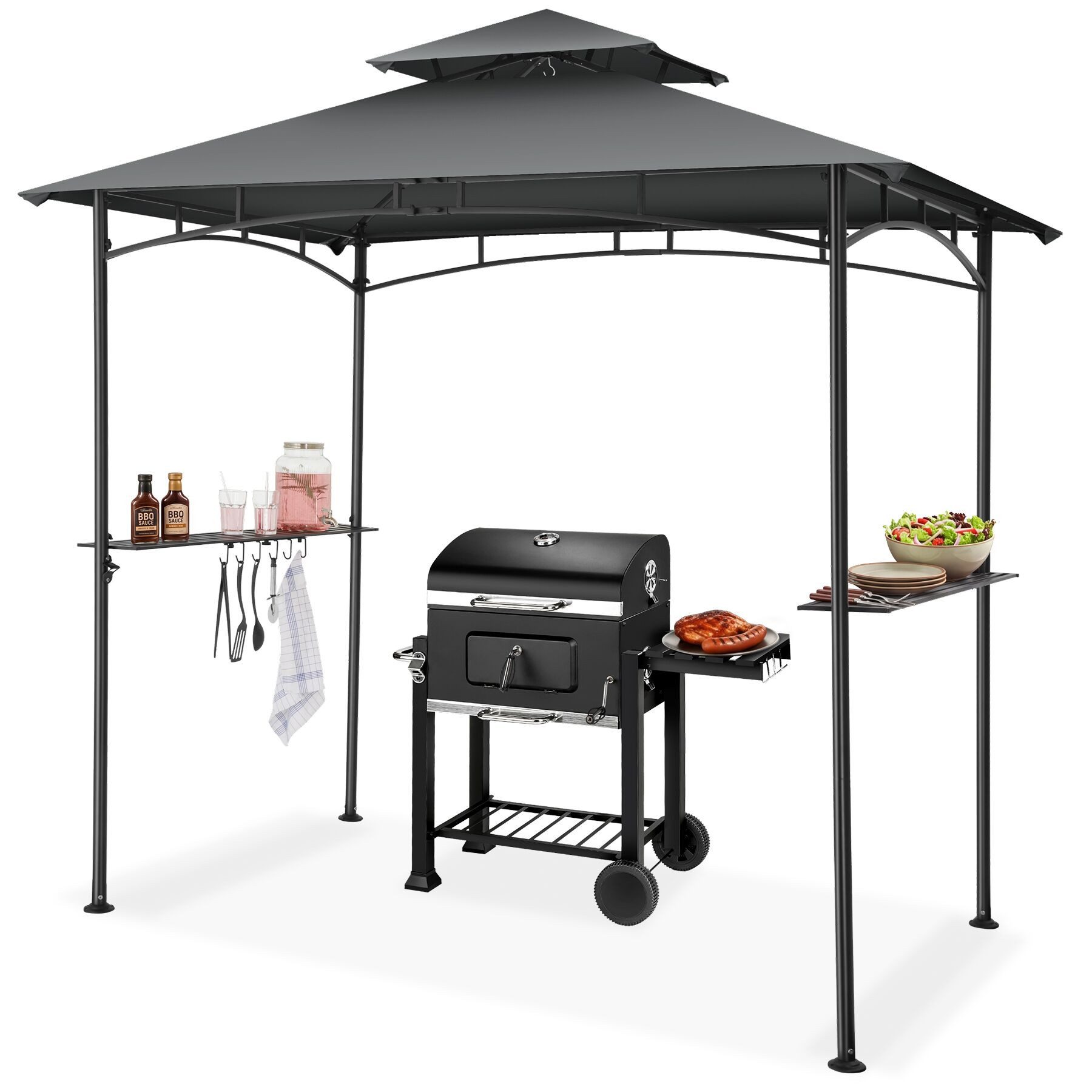 tectake Pavillon Grillpavillon, inklusive 8 Heringen und 6 Haken, 240 x 150 x 250 cm, mit 2 Seitenteilen, (Grillüberdachung Maracaibo, in anthrazit), wetterfest mit UV-Schutz, Flaschenöffner, seitliche Gitterablagen