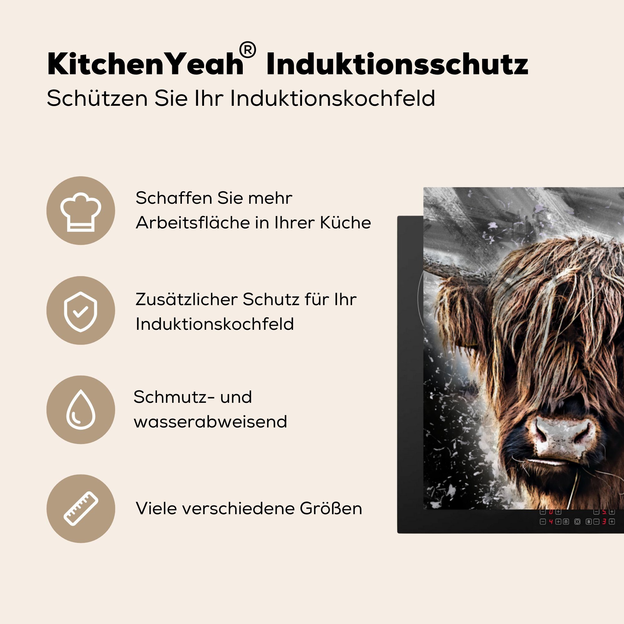 Tiere, - 78x78 Arbeitsplatte Schottischer (1 Ceranfeldabdeckung, Highlander Vinyl, tlg), Schwarz - Herdblende-/Abdeckplatte cm, küche MuchoWow für