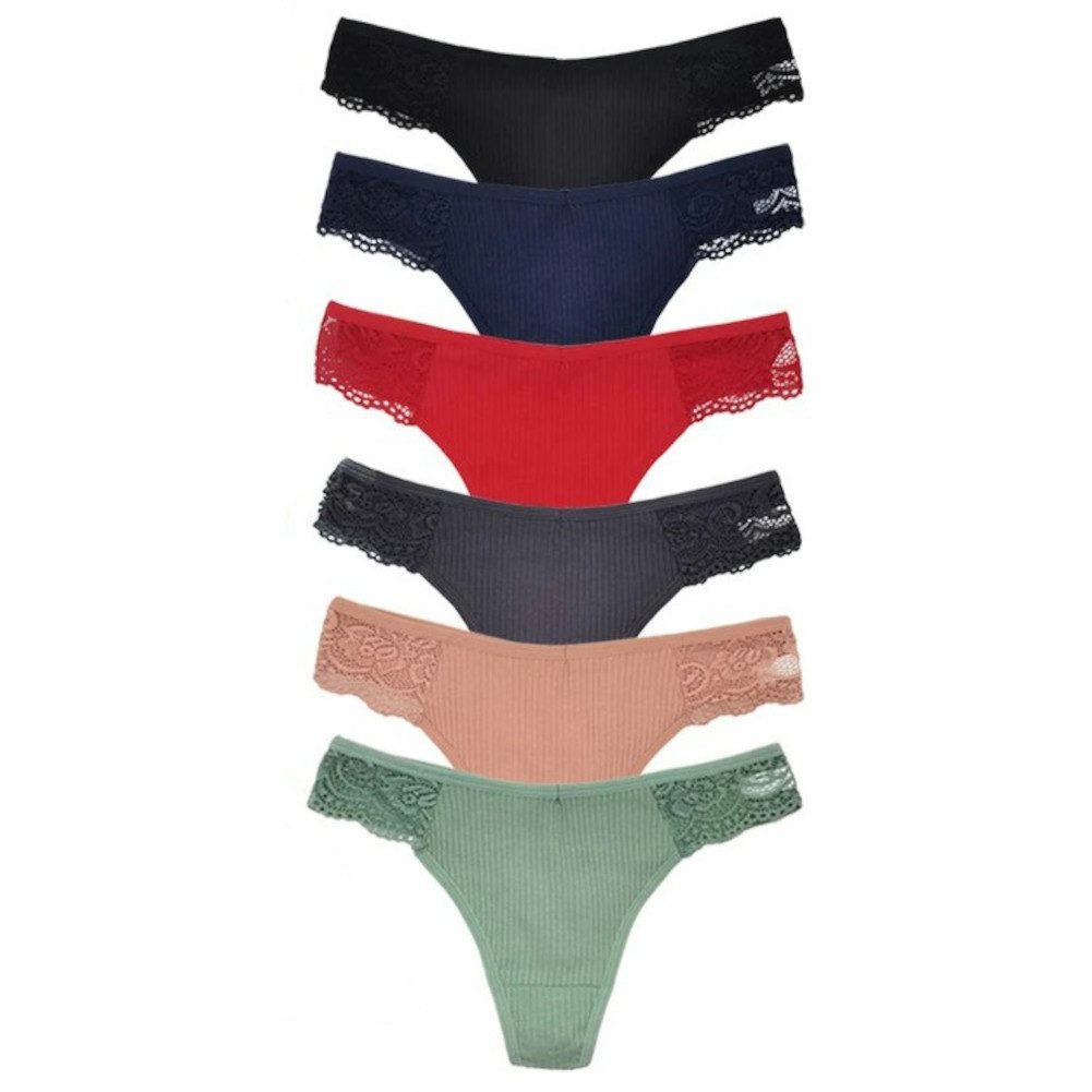 Stringtanga Damen Strings Spitze Baumwolle Set 6 Stück Tangas Slips mehrfarbig