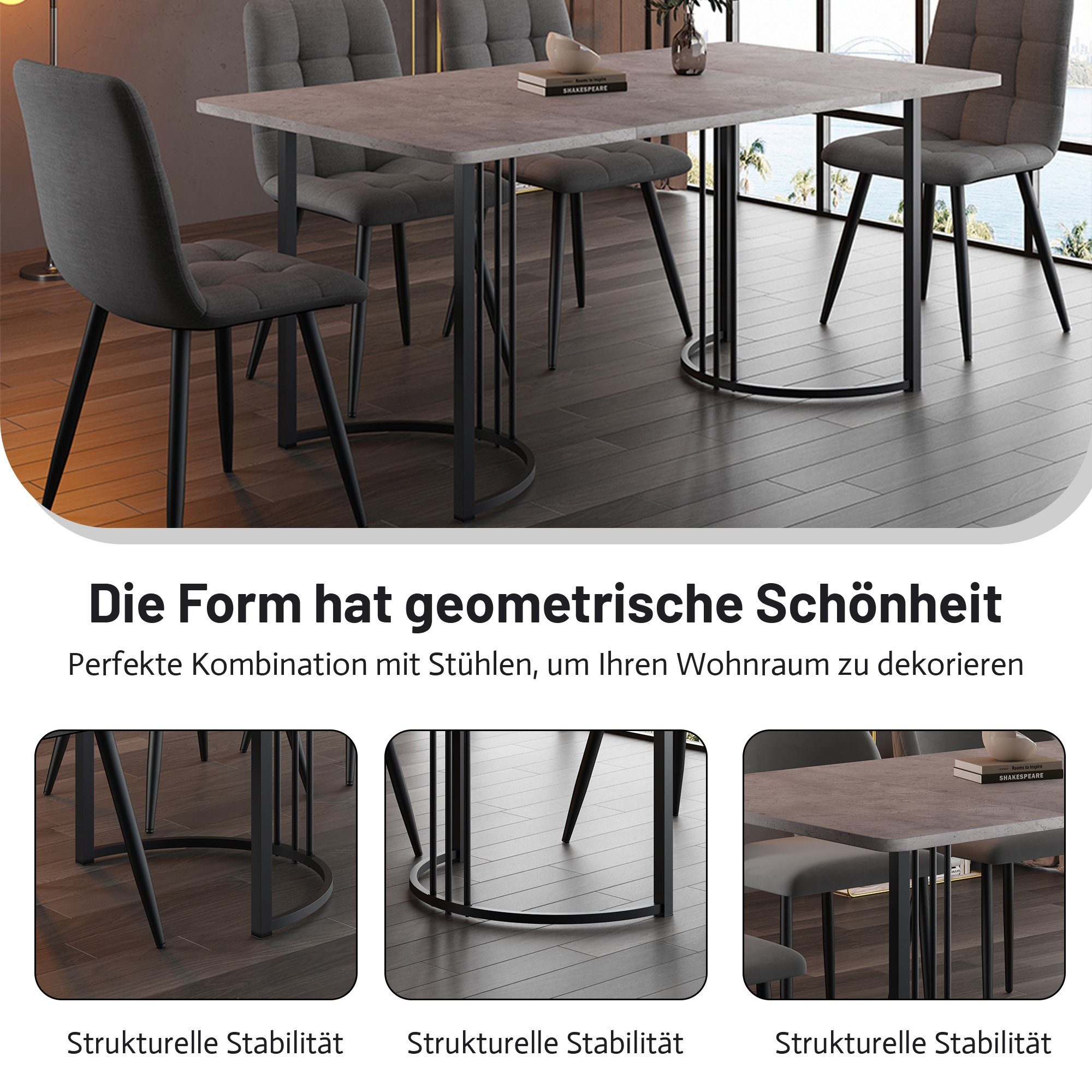 Esstisch (140x80x75 cm, nur Tisch), rechteckig Küchentisch Marmoroptik Esszimmertisch, Metallbeine