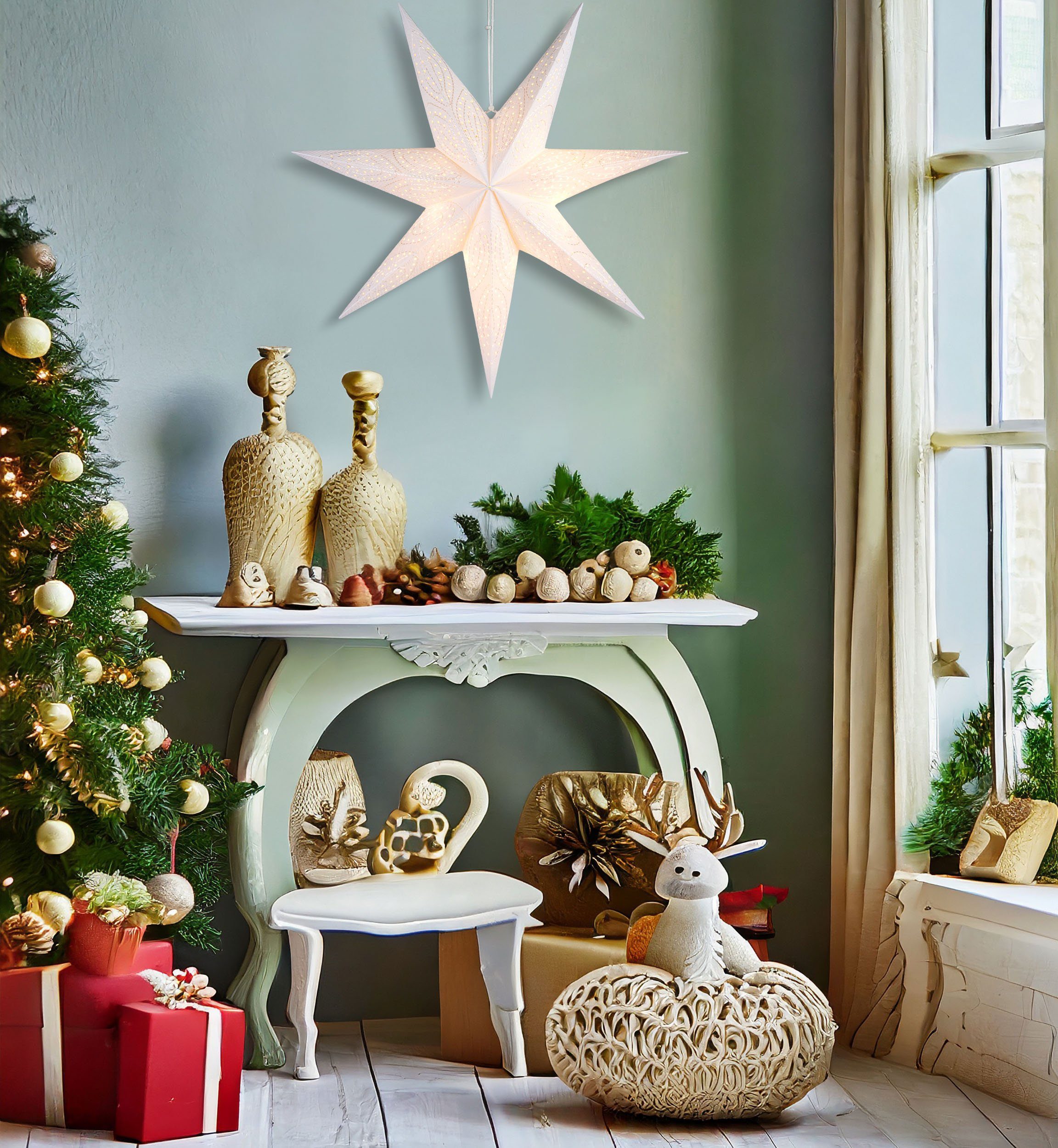 BRUBAKER Dekostern 60 cm Papier Weihnachtsstern zum Aufhängen - Fenster Adventsstern, 1 St., 3D Papierstern mit E14 Fassung - Weihnachtsdeko Leuchtstern – Bild 5 von 5