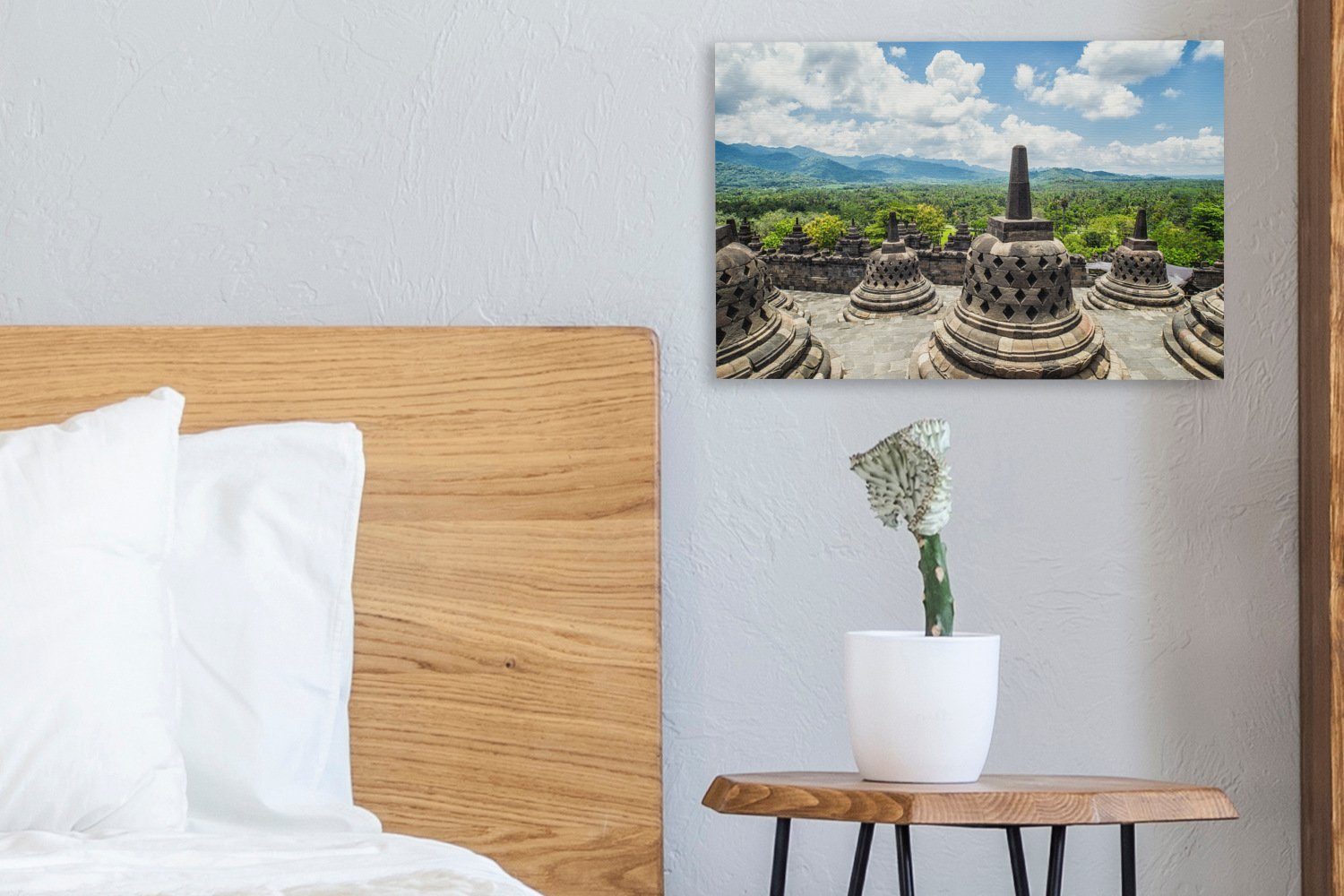 OneMillionCanvasses® Leinwandbild Weiße Wolken über St), Borobudur-Tempel, Wanddeko, 30x20 Leinwandbilder, cm (1 Aufhängefertig, dem Wandbild
