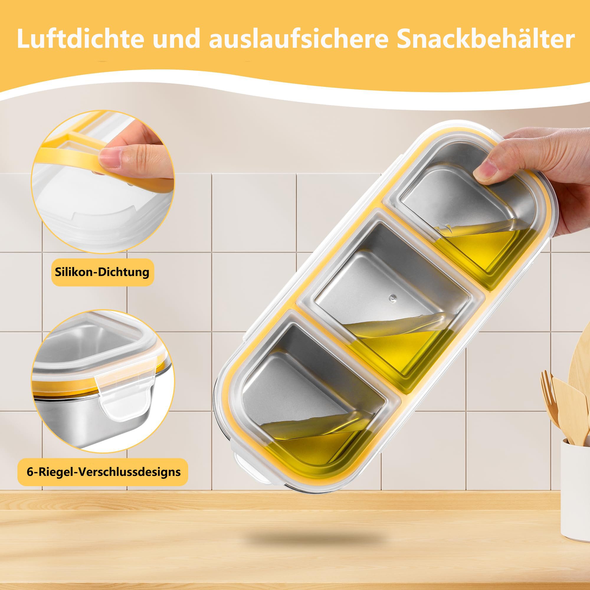 FOUORTUNATE-BEE Snackschale Snackbox mit Fächern Edelstahl, Leckdichte Snackdose, (mit Fächern Spülmaschinenfest, Meal Prep Boxen, Bento Box Edelstahl, 1-tlg), Snack Boxen mit Deckel für Schule Arbeit Camping