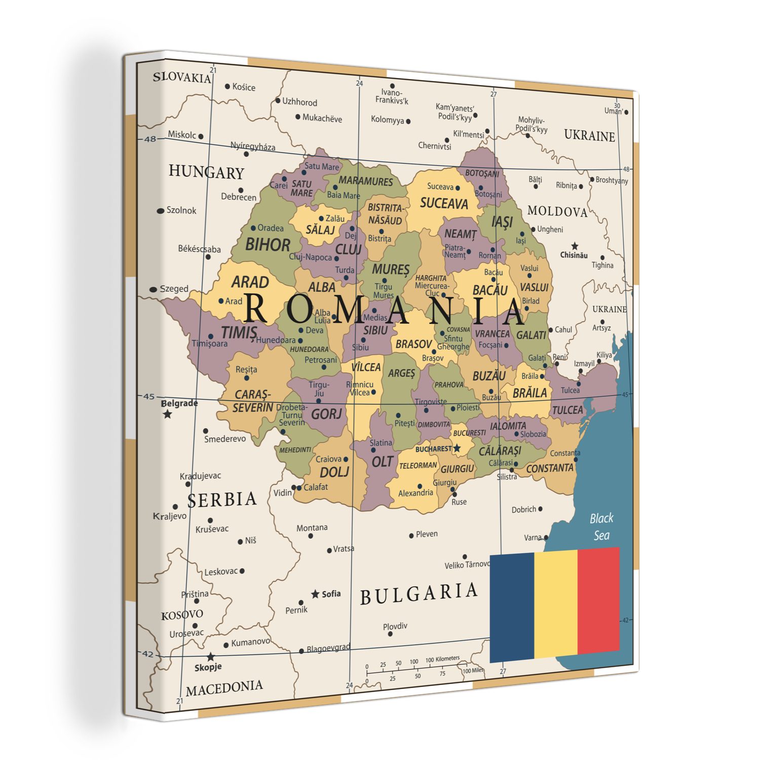 OneMillionCanvasses® Leinwandbild Bunte und alte Karte von Rumänien mit der Flagge, (1 St), Leinwand Bilder für Wohnzimmer Schlafzimmer