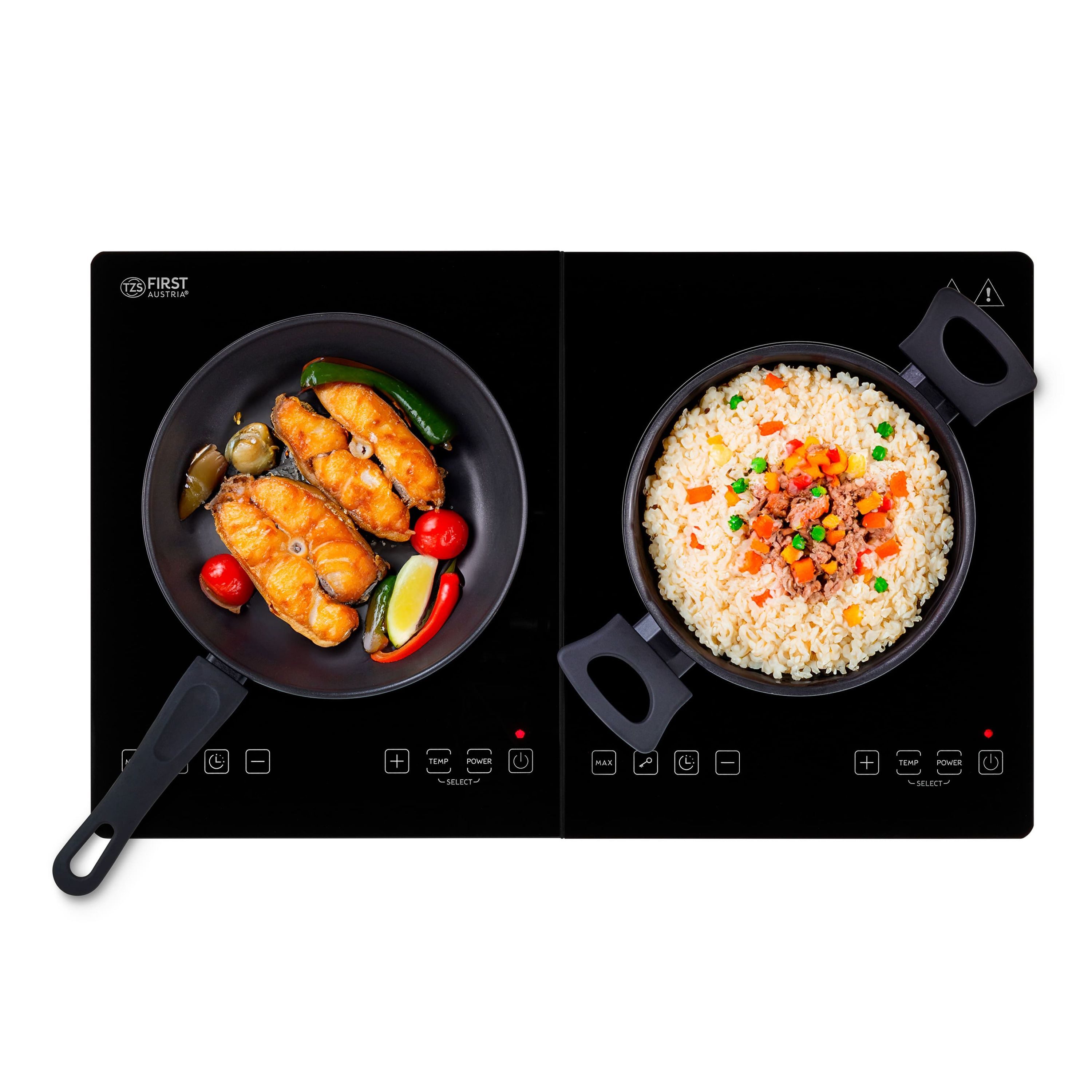 TZS FIRST AUSTRIA Doppelkochplatte 3500W, Induktionskochplatte, 10 Temperaturstufen & Timer, 2x220 mm Kochzonen, Glaskeramik, Kindersicherung, Überhitzungsschutz