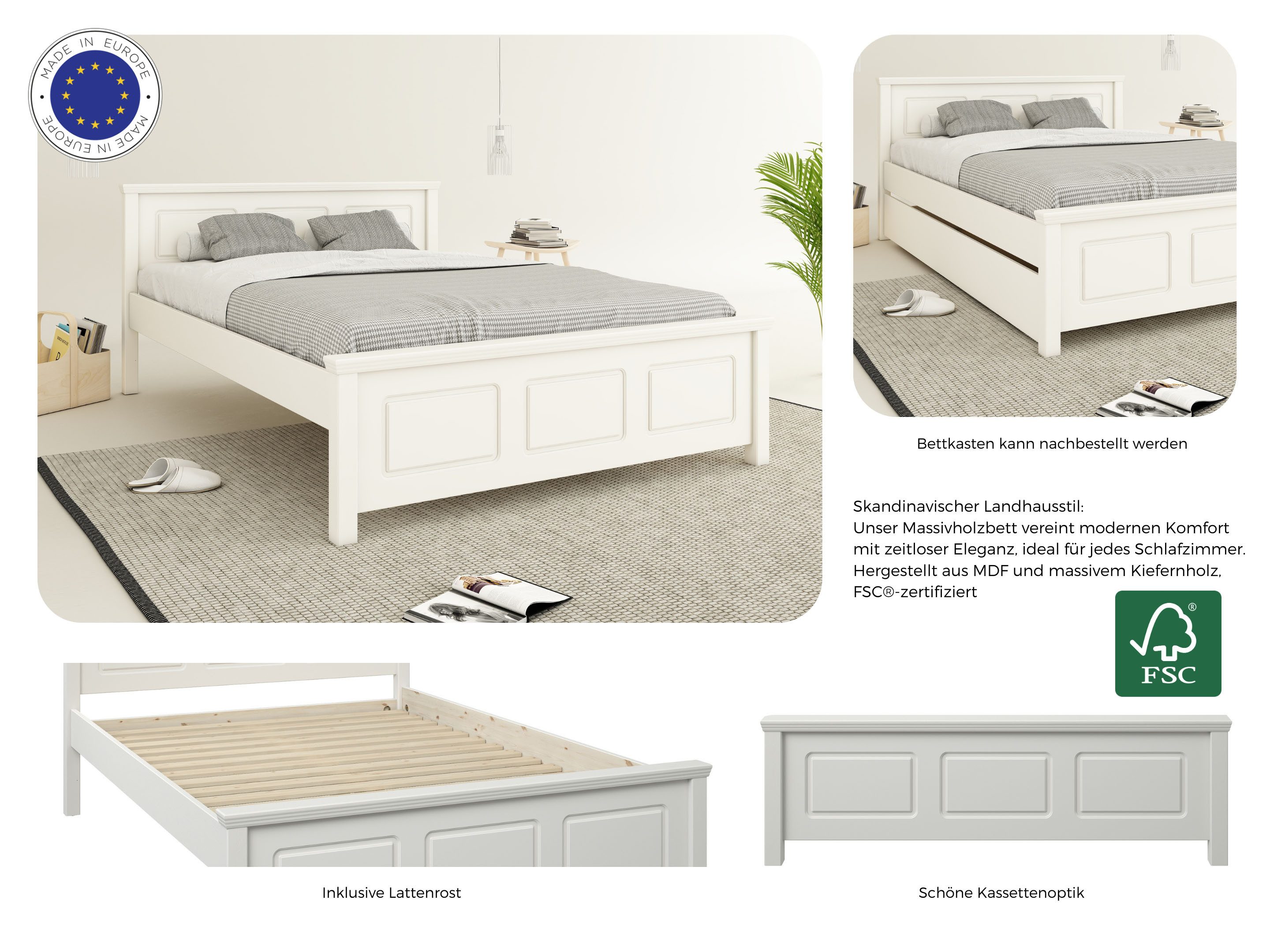 OTTO home Massivholzbett ERIK', Made in Europe, optional mit Schublade, Massivholz Kiefer (FSC® zertifiziert), in mehreren Größen, Landhausstil mit Kassettenoptik