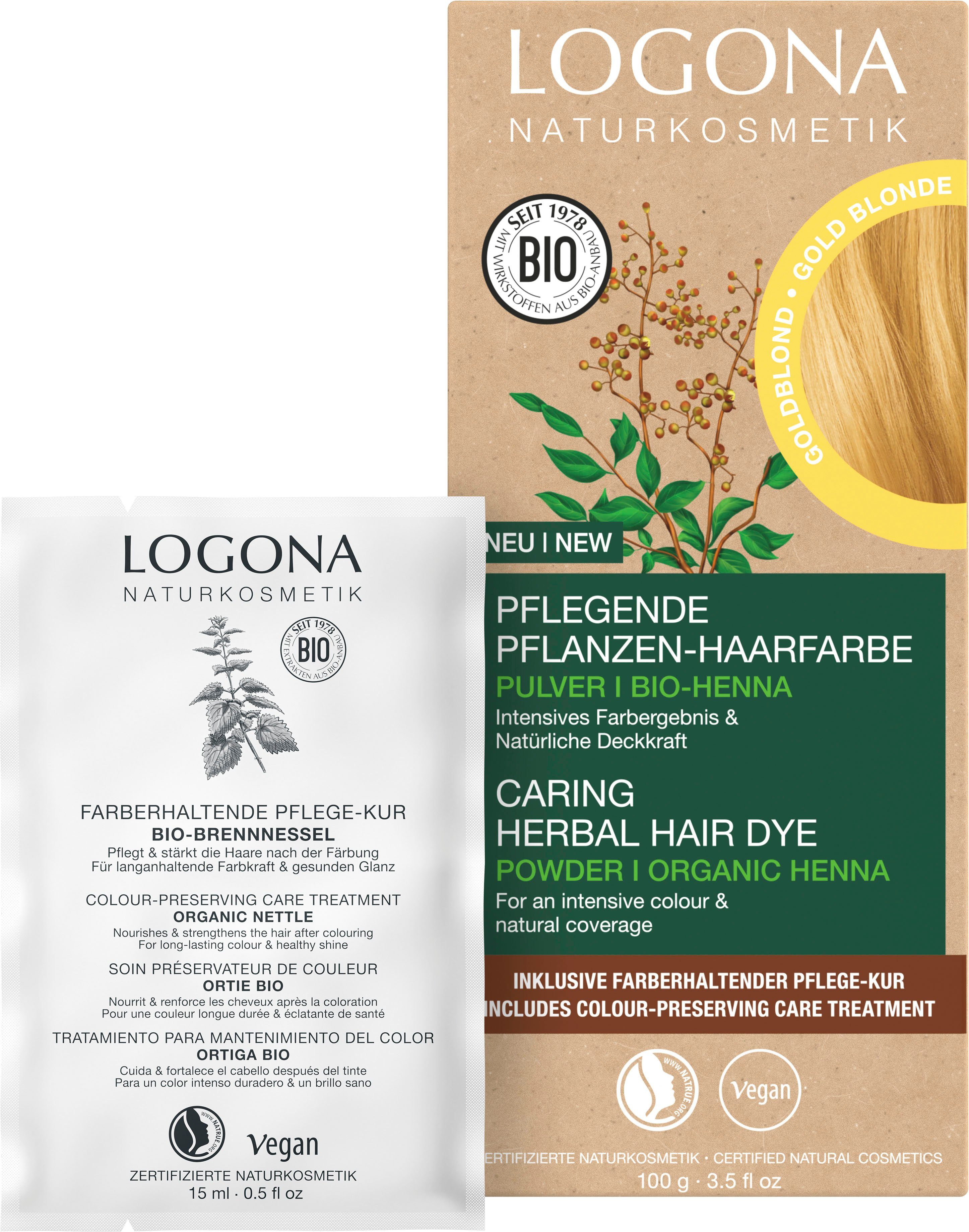 LOGONA Haarfarbe Pflanzen-Haarfarbe Pulver, Inklusive Farberhaltender  Pflegekur Bio-Brennnessel