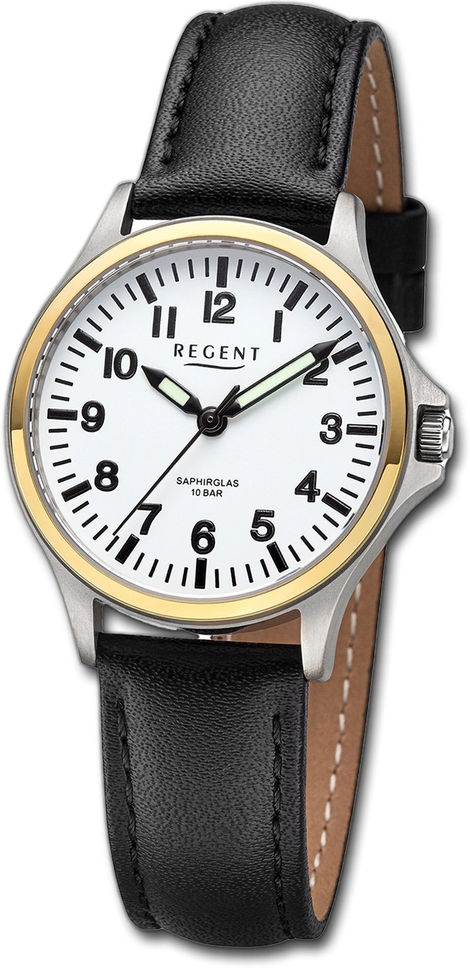 Regent Quarzuhr extra Damenuhr Regent Armbanduhr rundes 32mm) (ca. Gehäuse, groß Lederarmband schwarz, Damen Analog