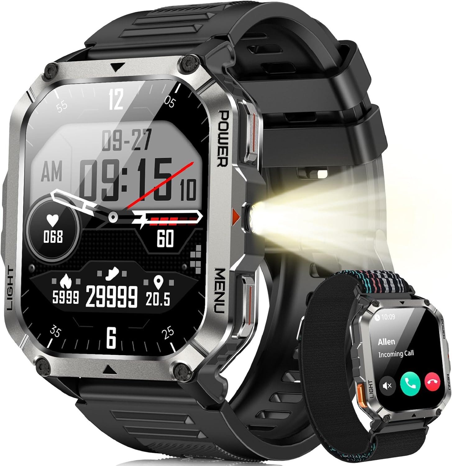 blackview Militär-Smartwatch Herren mit 900mAh Akku/LED-Taschenlampe/Kompass/SOS Smartwatch (2.01 Zoll, iOS/Android), 2-tlg., 3 x Riemen / 2 x Riemen und Ladekabel, Herzfrequenz,SpO₂& Schlafüberwachung,100+ Sportmodi,Schrittzähler,IP68