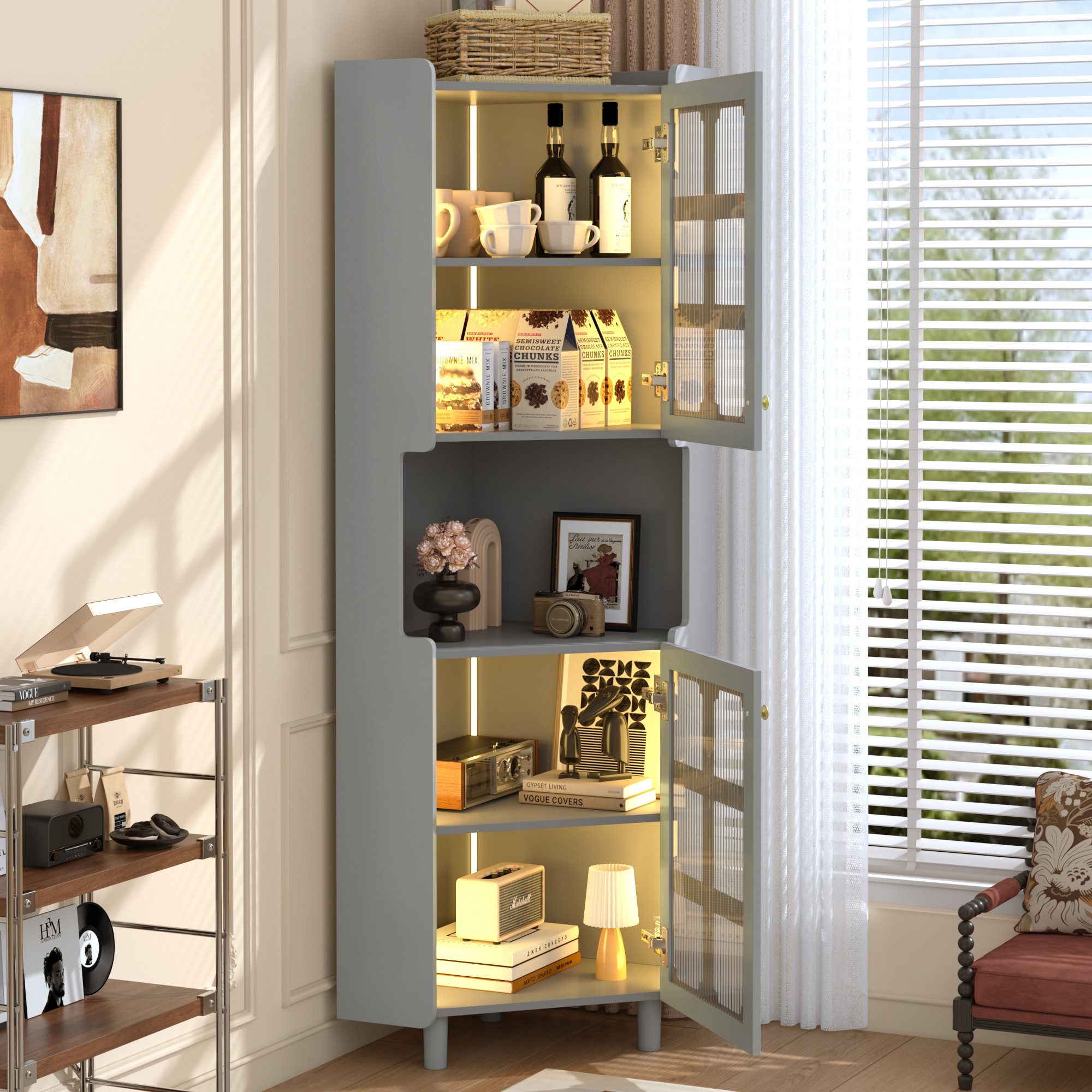 Flieks Badkommode Eckschrank mit LED-Beleuchtung und Glastüren (1 St., 63,5x45x157,5 cm), Hochschrank Mehrzweckschrank Eckkommode mit 5 Fächern Grau
