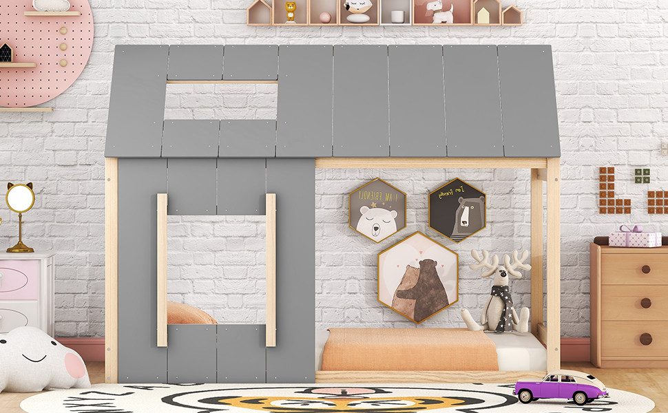 Rutaqian Kinderbett Hausbett, Einzelbett, Bodenbett, Flachbett, 90 x 200cm, in Hausform, (1-tlg., Ohne Matratze), mit Lattenrost, Dach und Fenster, Natur + Grau