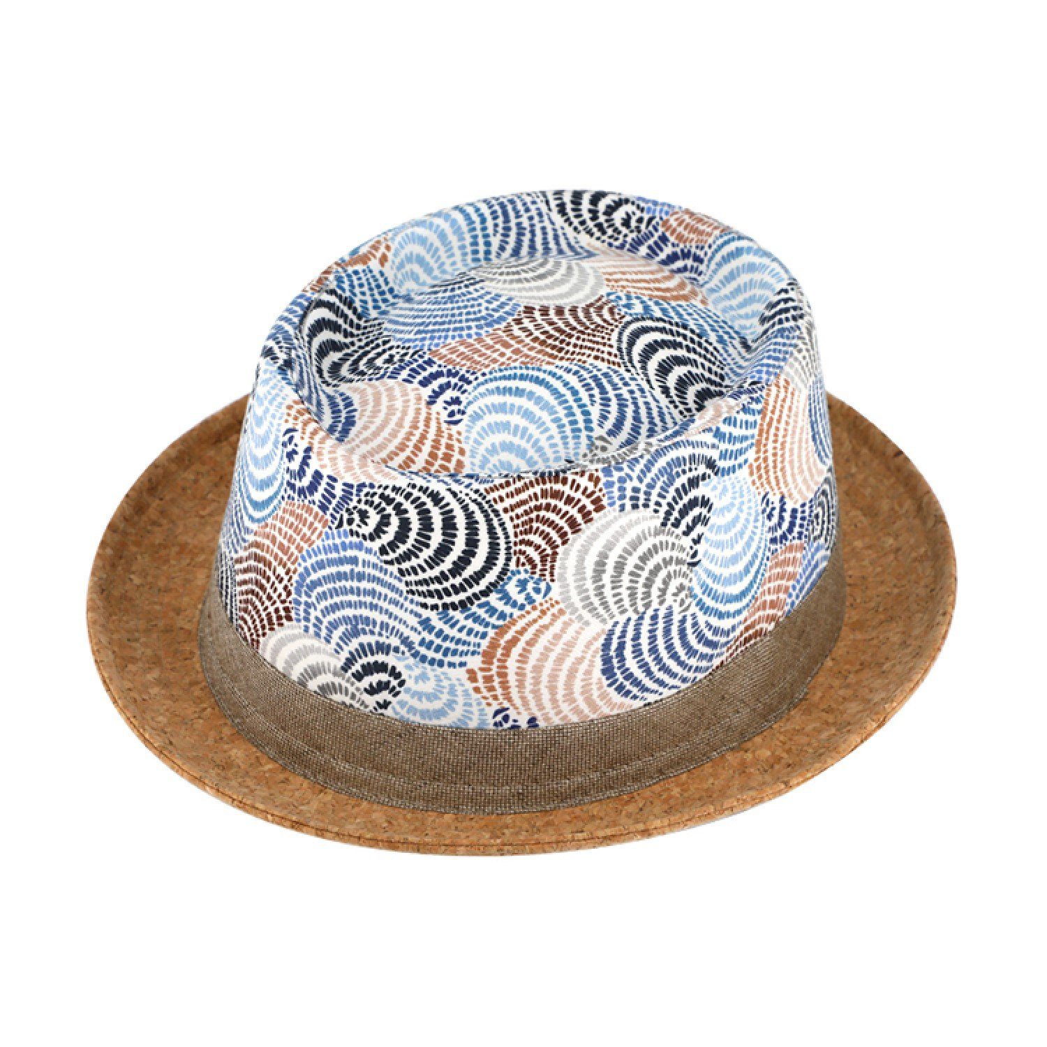 Breiter Trilby Gemusterter Hut aus Leinen 507-Jeansblau mit Kork-Krempe