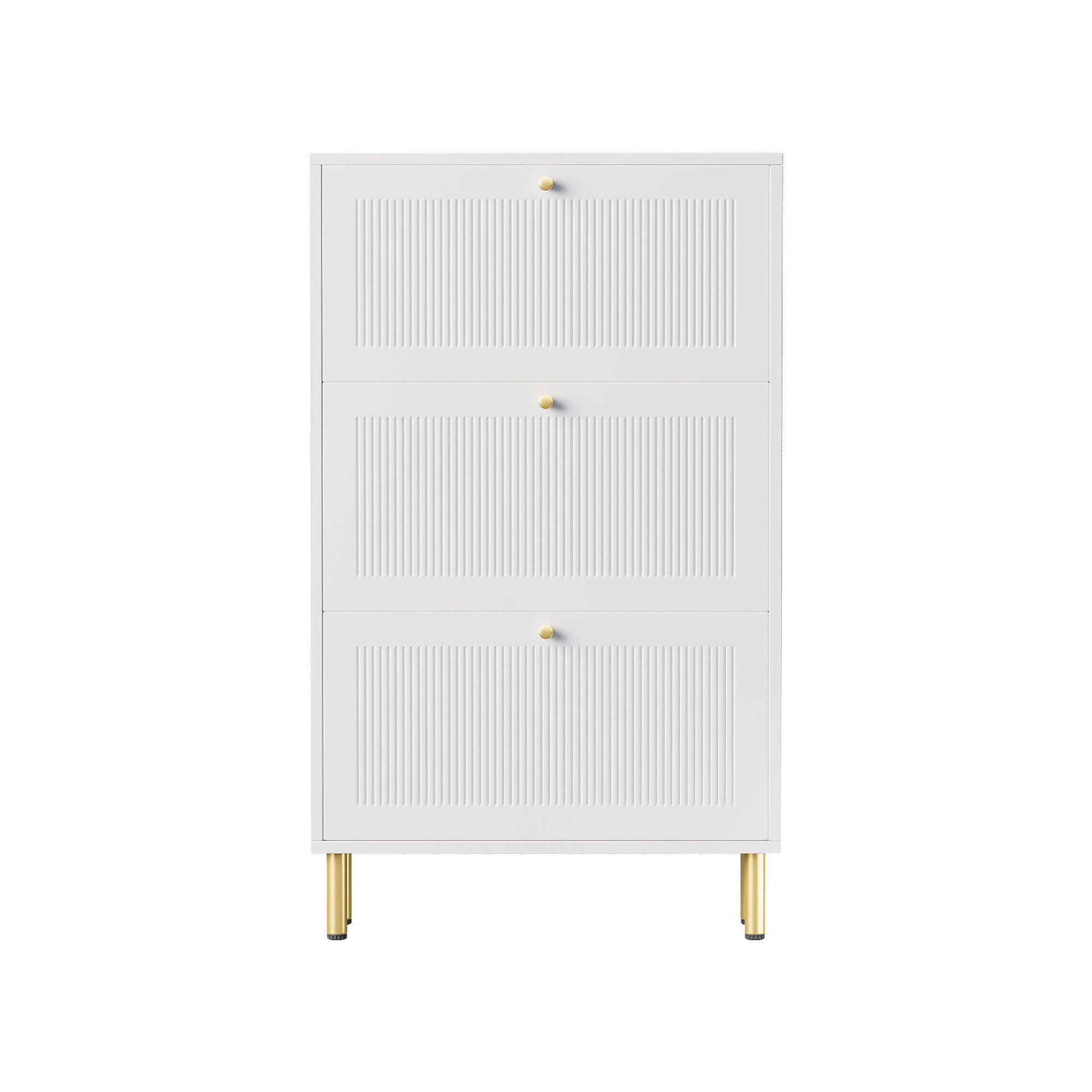 Flieks Schuhschrank mit 3 Klappen, goldfarbene Metallfüße und Metallgriffe (1-St., B73 x T23 x H125 cm) Schuhkommode Schuhkipper mit verstellbarer Einlegeböden  – Bild 5 von 5