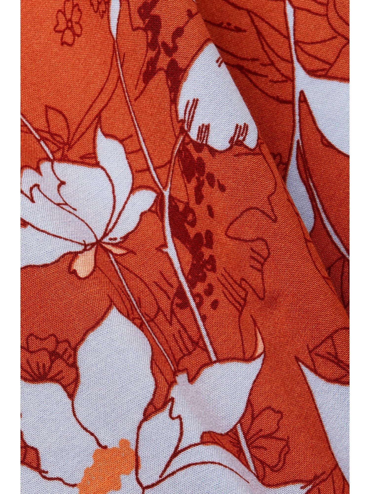 ORANGE Ausschnitt Bluse mit CORAL Kurzarmbluse Florale geschlitztem Esprit