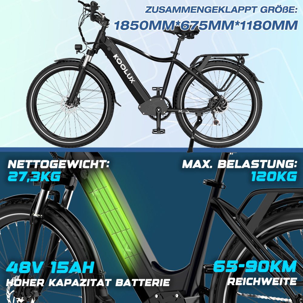 KOOLUX E-Bike Elektrofahrrad für Damen/Herren Reichweite 65-90 km elektro-cityrad, Heckmotor, 720 Wh, 27,5" Elektrofahrrad 7-Gang Shimano 48V15AH Herausnehmbare Batterie