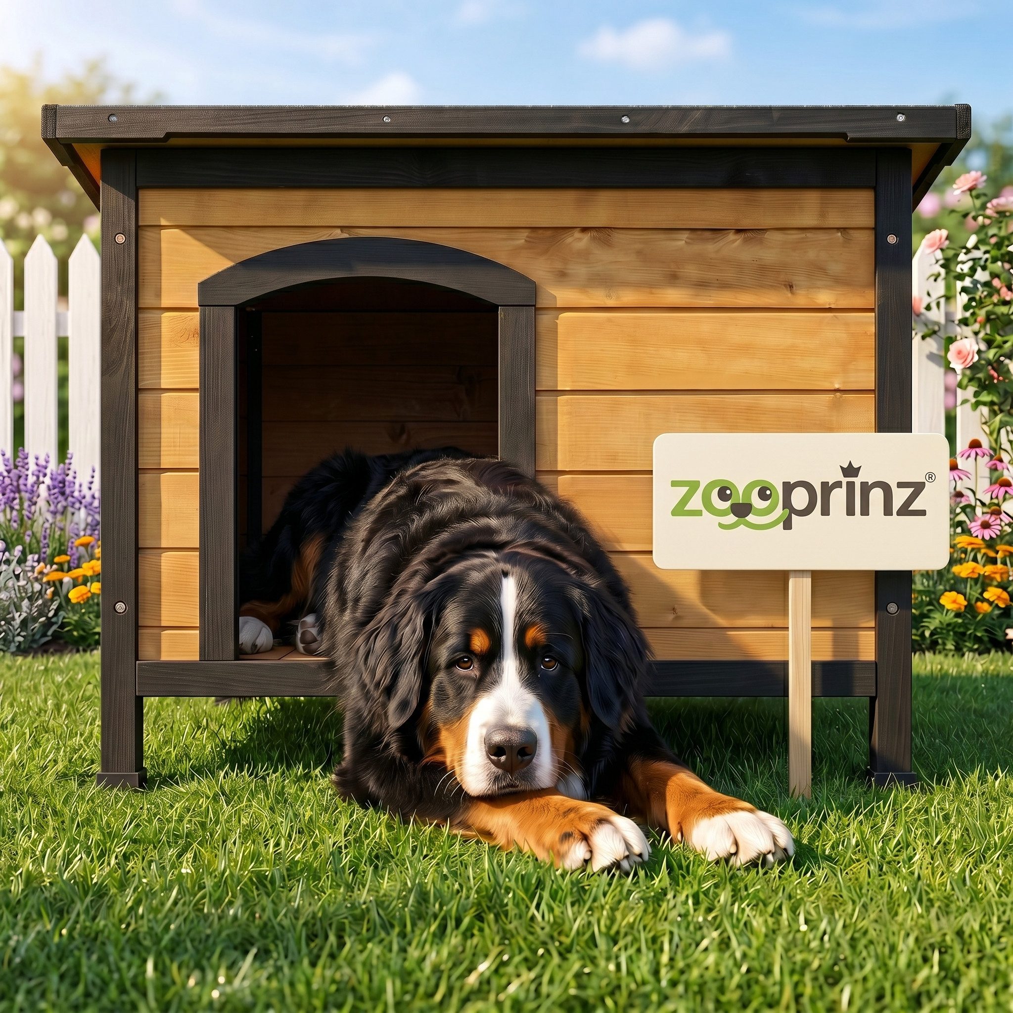 Zooprinz Hundehütte Carlo auf Holzfüßen mit Kunststoffkappen, Bitumen Klappdach, wetterfestes Kiefernholz, für große Hunde