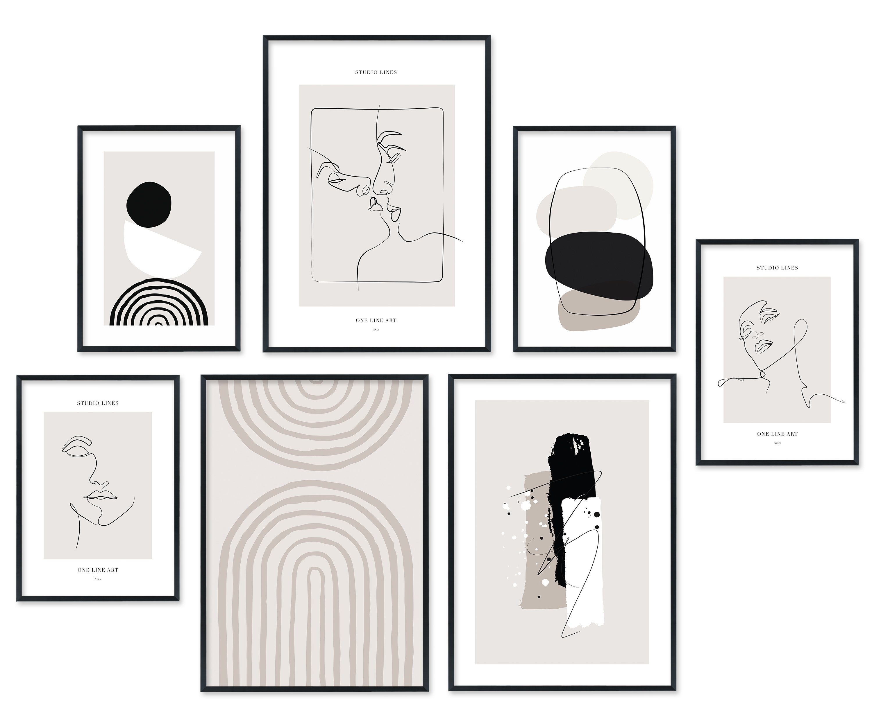 Hyggelig Home Poster Line Art, Premium Poster Set OHNE & MIT Rahmen - Wandbild schwarz weiß, Linien (Set, 7 St), Collage Gesichter Qualitätsdruck auf dickem Papier