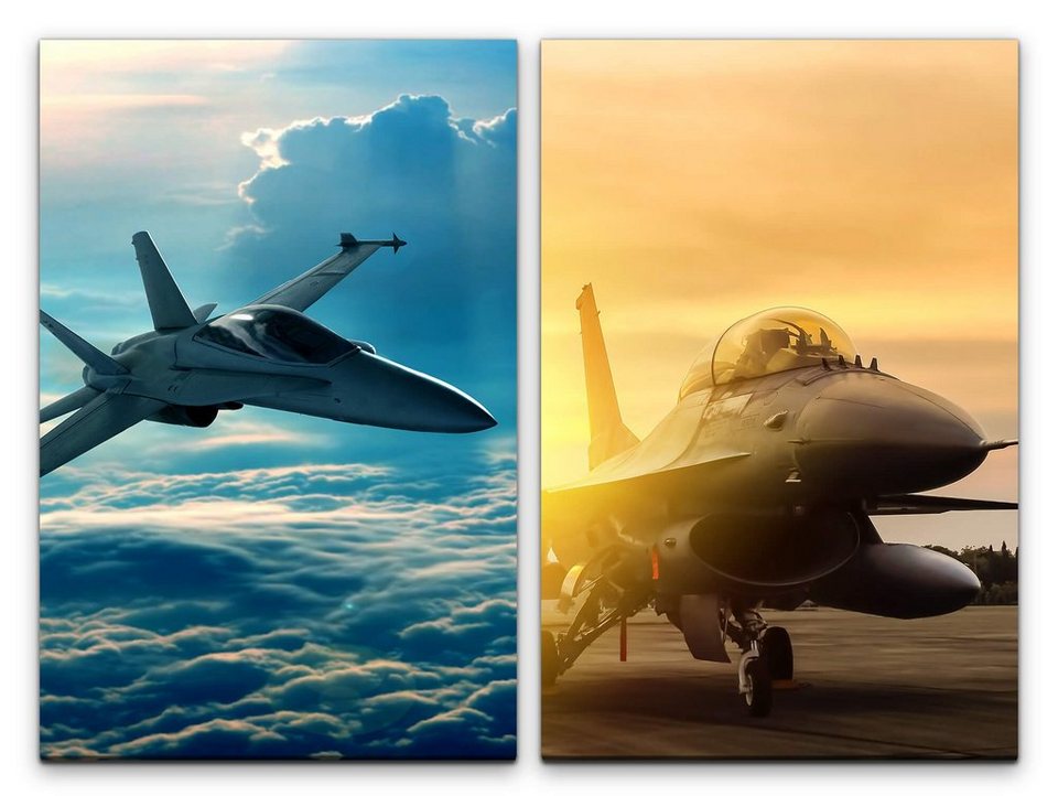 Sinus Art Leinwandbild 2 Bilder je 60x90cm Eurofighter Düsenjet Militär  Kampfpilot Wolken Fliegen Flugzeug