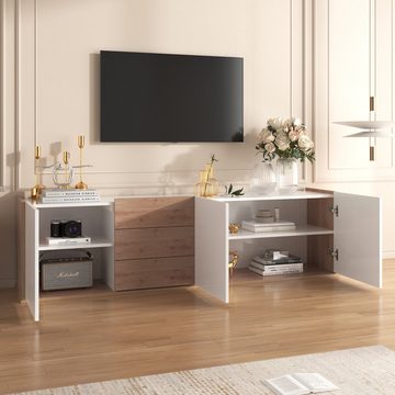 MODFU TV-Schrank Lowboard Fernsehtisch (mit 3 Schubladen und 3 Türen) mit Paneel in Weiß und Holzfarben,TV-Board freistehend/hängend