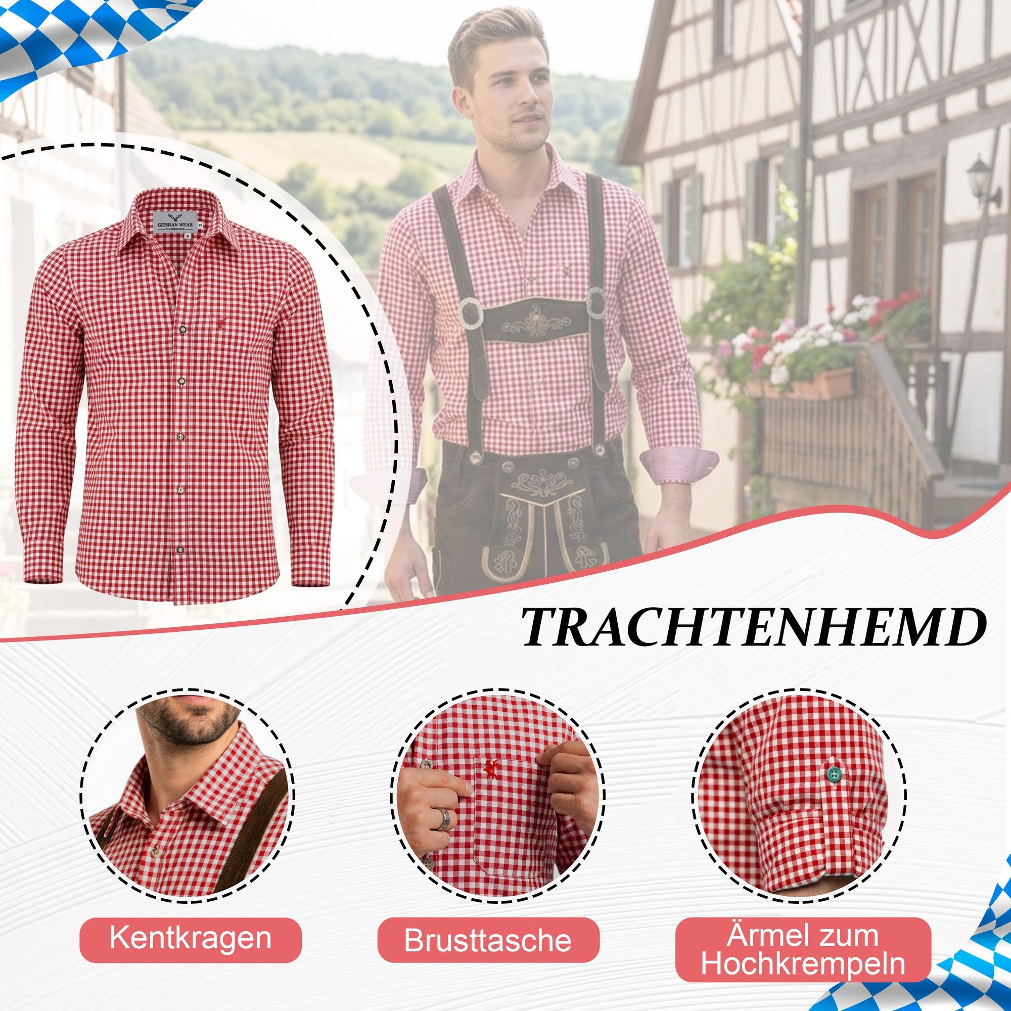 German Wear Trachtenlederhose Trachten Set + Hemd Rot (Spar-Set, 5-Teilig Set) Trachten Set Hose, Hemd, Schuhe, Socken & Hosenträger