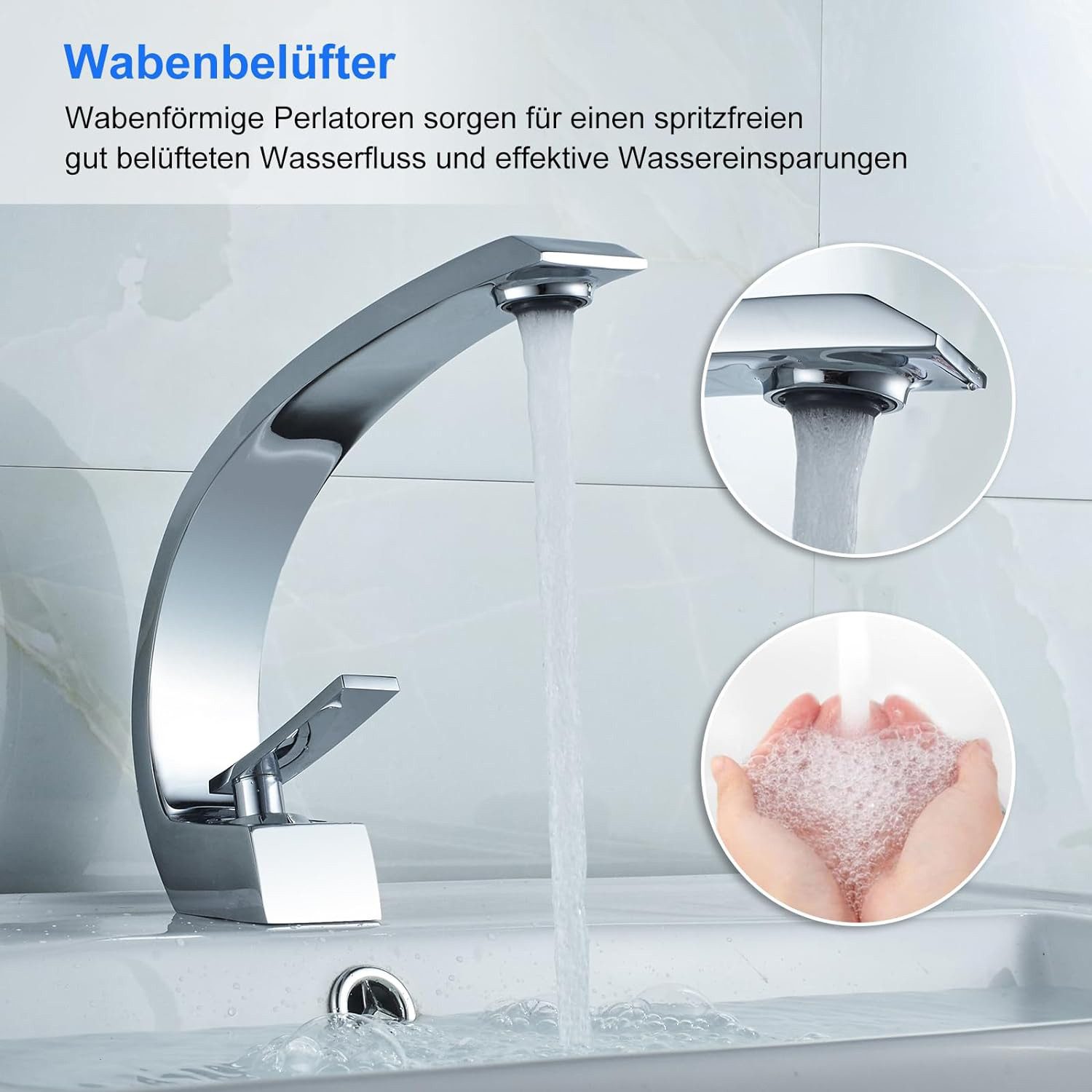 REDOM Waschtischarmatur Waschtischmischer Badarmatur Wasserhahn Badezimmerarmatur Einhand (3/8 Zoll Norm-Anschluss Messing + Stahl Chrom-Finish 19cm Auslaufhöhe, Mischbatterie Waschtischbatterie Waschbeckenarmatur + Keramikkartusche) Wasserfall für Badezimmer Toiletten Oder Gäste WC Waschbecken usw